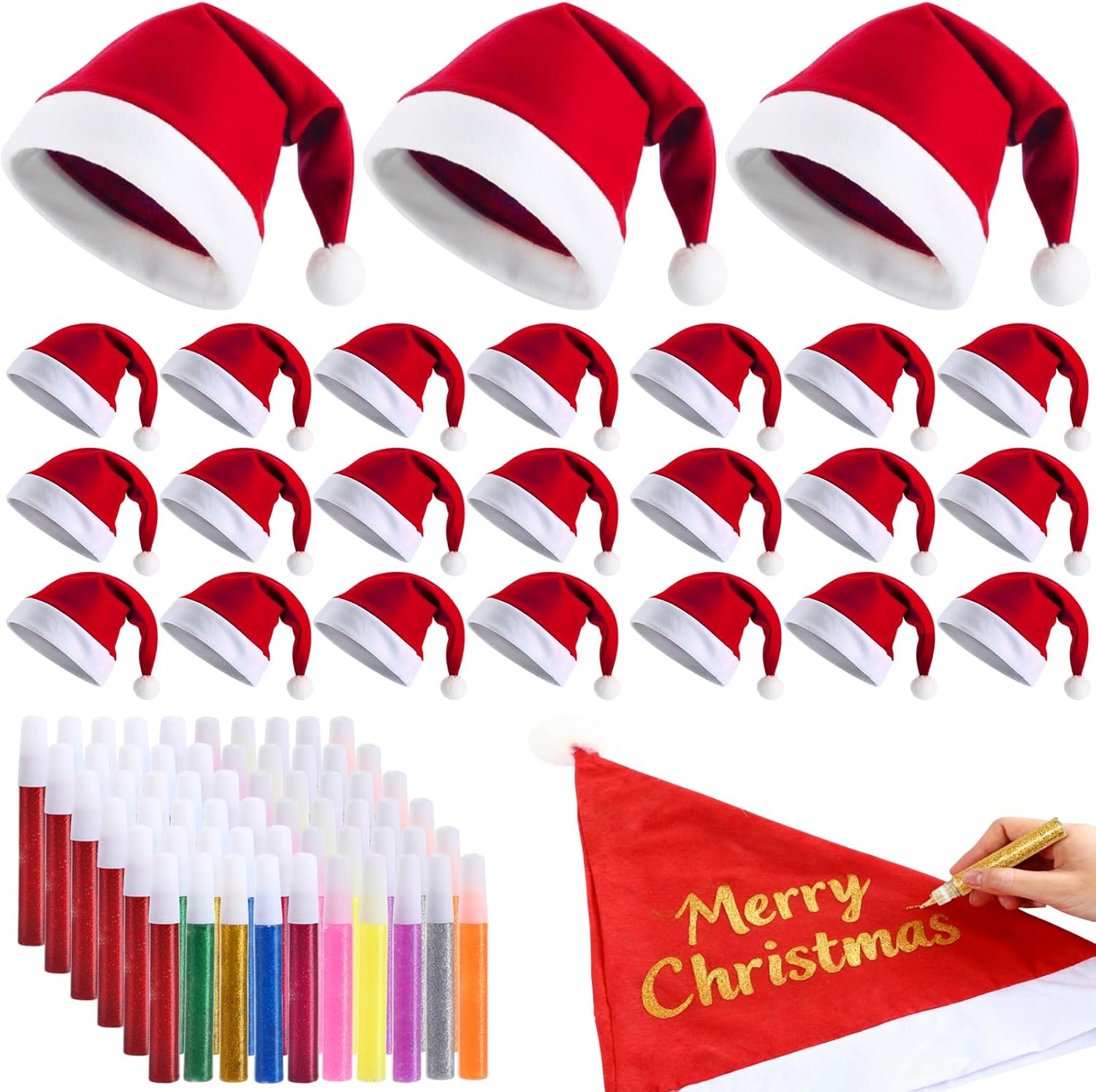 Chicingyou DIY Santa Hats Bulk Christmas Hat Include 10 Colors Glitter Pen for Xmas Party