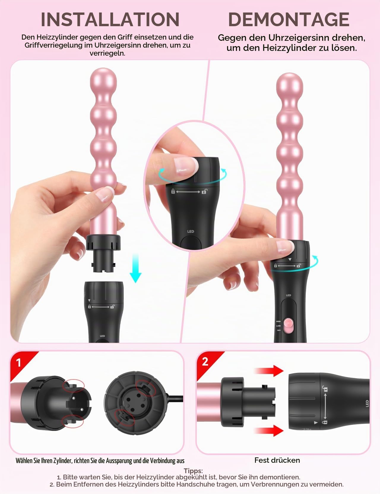 LANDOT Lockenstab mit Thermobürste 5-in-1 Set: Für Volumen & definierte Locken, 38mm Bürstenkopf & 4 Lockenwickler(9-32mm), Leicht zu verwenden, Ideal für Anfänger & tägliches Styling