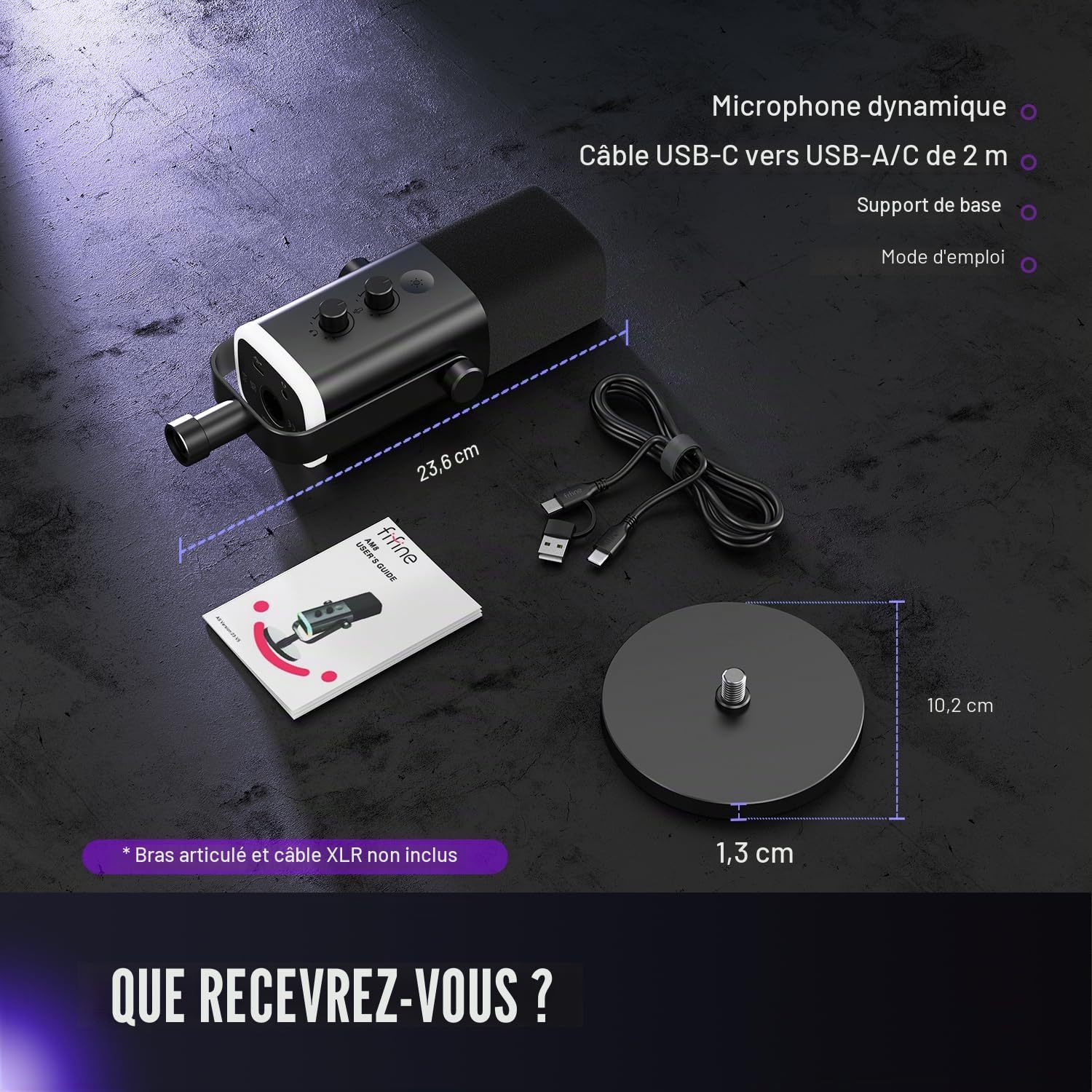 FIFINE Microphone dynamique USB/XLR pour enregistrement de podcast, microphone de jeu sur ordinateur PC avec lumière RVB, bouton muet, prise casque, support de bureau, micro vocal pour chanter