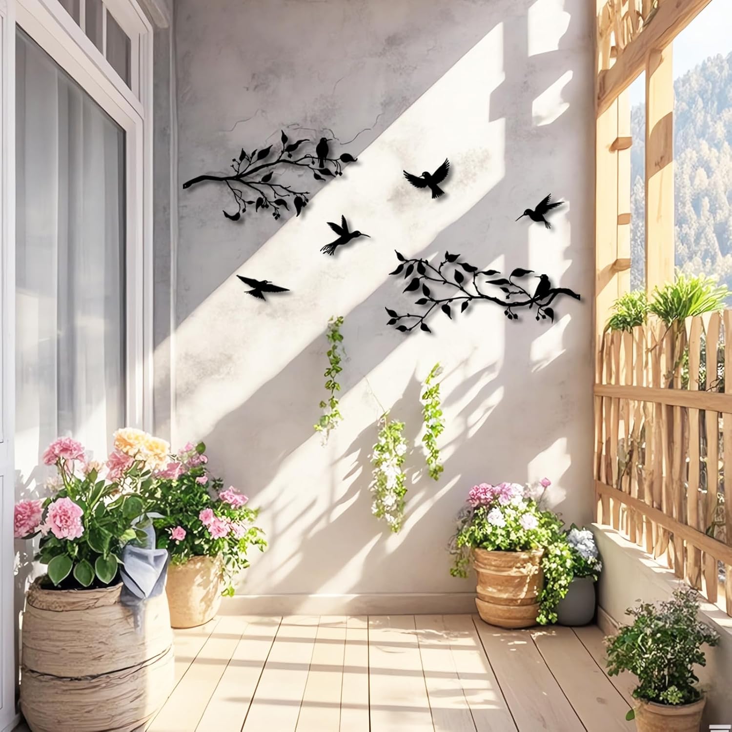 4PCS Large Hummingbird Metal Wall Art Black Metal Bird Wall Art Birds on Branch Silhouette Art Metal Leaves with Hummingbirds Outdoor Wall Decor for Livingroom Balcony Garden Patio Decor.