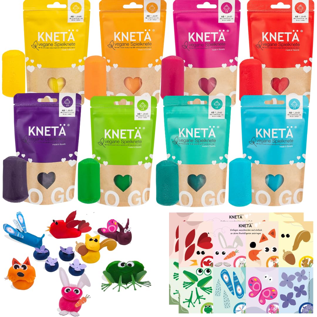 KNETÄ Knete ab 1 Jahr I Party Set I 8x 100g vegane Kinderknete inkl. 2x Bastelkarte Tiermotive I Playdough I Kindergeburtstag