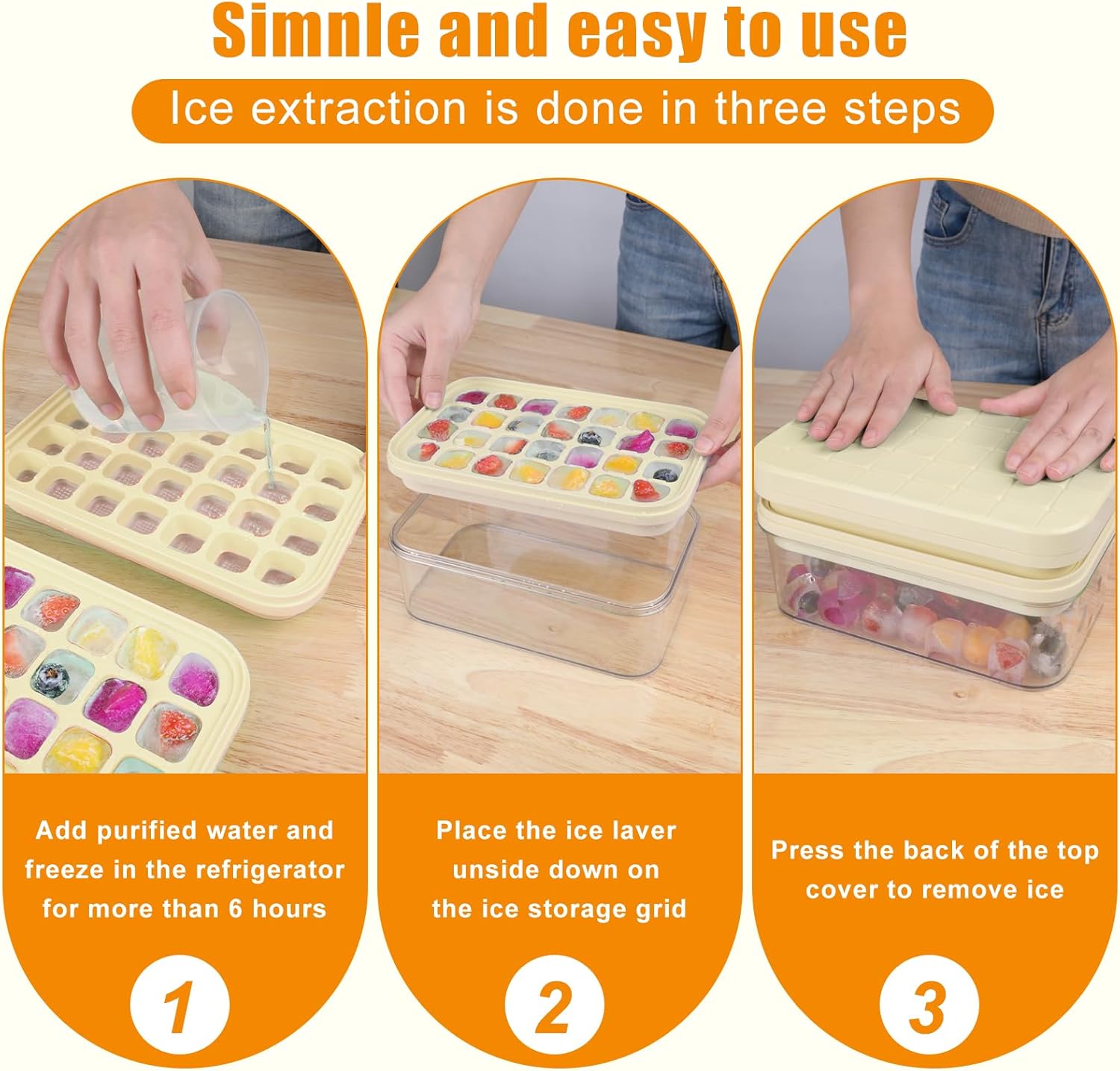 Ice Cube Tray with Lid and Bin and Ice Scoop, 2 Trays for 56 Ice Cubes, BPA Free, Easy Release, Stackable, Spill-Resistant, Cream Yellow