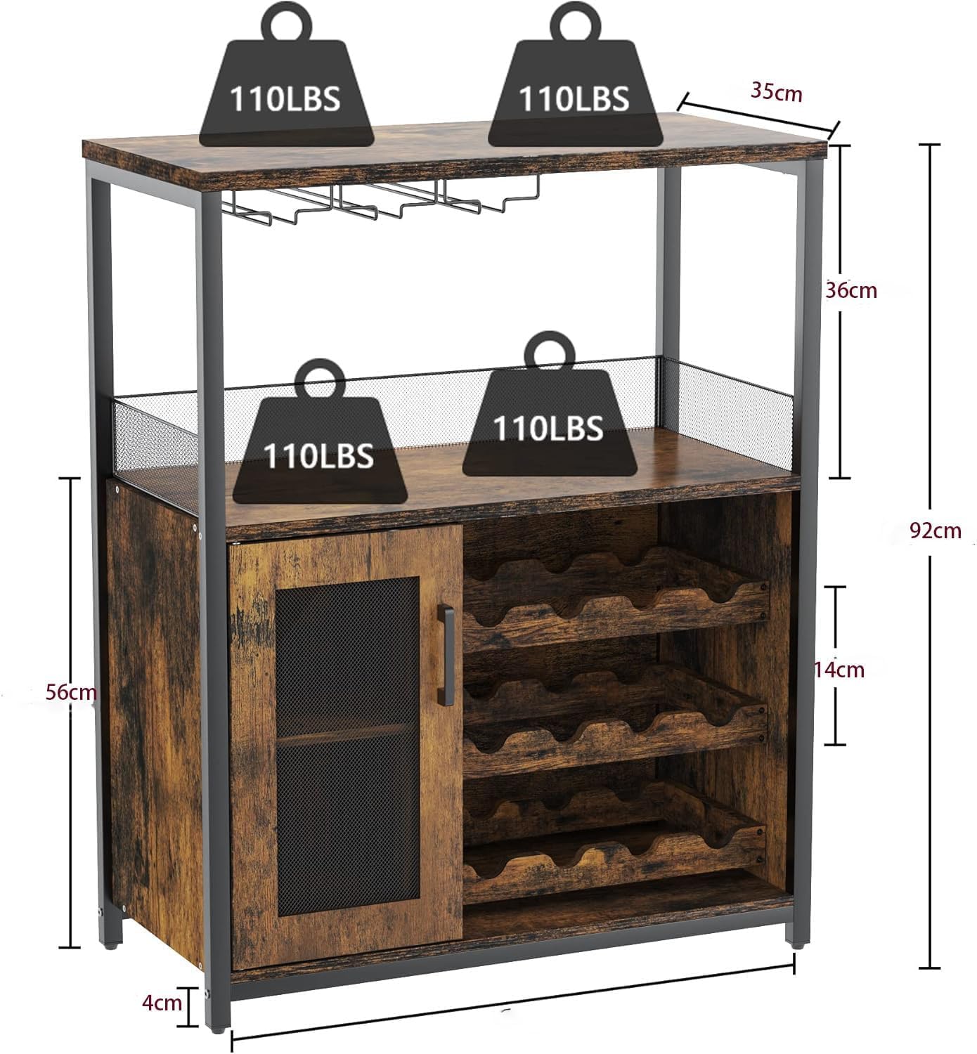 Litake Industrial Weinschrank und verstellbaren Einlegeböden, Kaffeebar-Schrank mit Gittertür und Lamellendesign, 91cm hoher Kleiner Bar-Schrank für zu Hause Küche Esszimmer Vintage Farbe