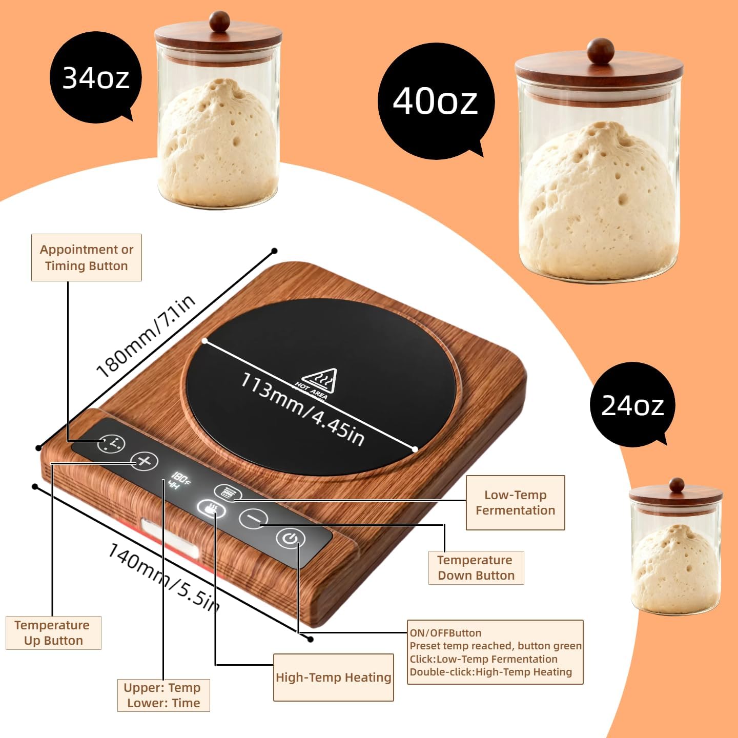 2in1 Sourdough Starter Warmer,Multiple Mug Warmer,Temp Settings (70-180℉) Thermostat Control, 24Hrs Timing, Sourdough Warming Mat and Perfect for Home Baking Heating Coffee Milk Tea (Black)