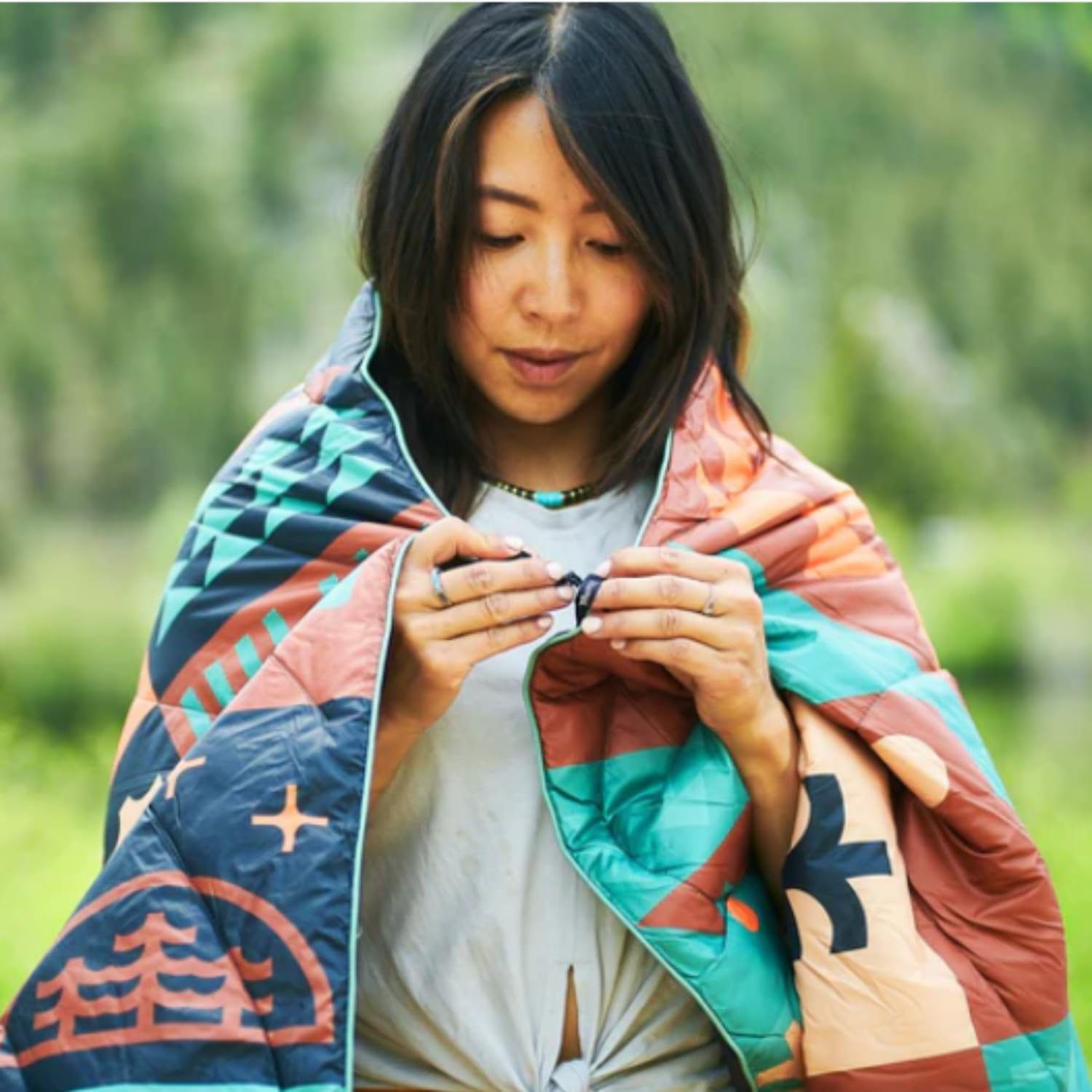 Rumpl Original Puffy Blanket - Warm, Water-Resistant Camping Blanket with 100% Recycled Synthetic Insulation, 52"x75", Original Puffy V1, Forest Cabin