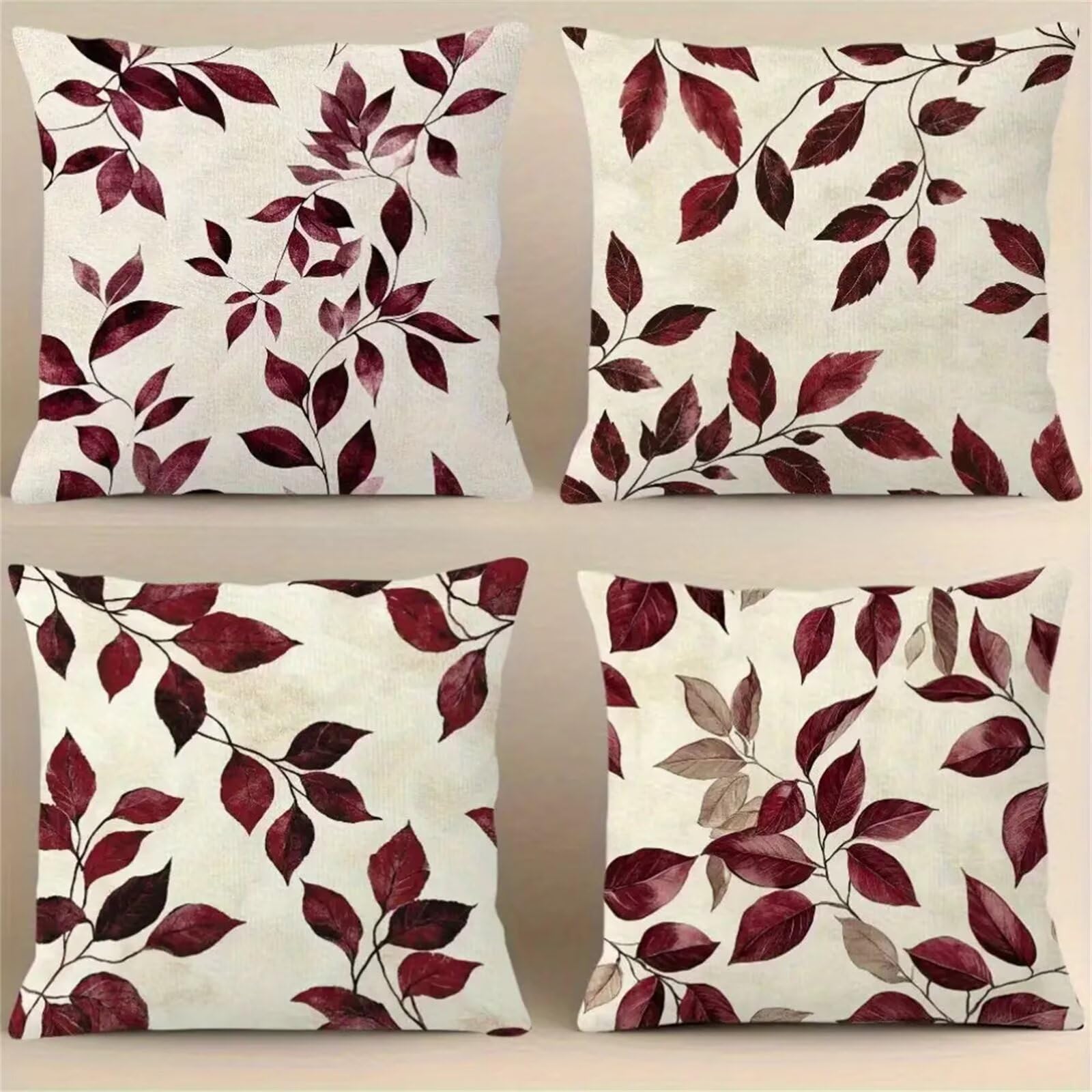 QiHon Burgundy Leaves Cushion Covers 45x45 cm Set of 4, Decorative Throw Pillow Cases, 18x18 inch Square Linen Pillowcases for Sofa Living Room Bedroo