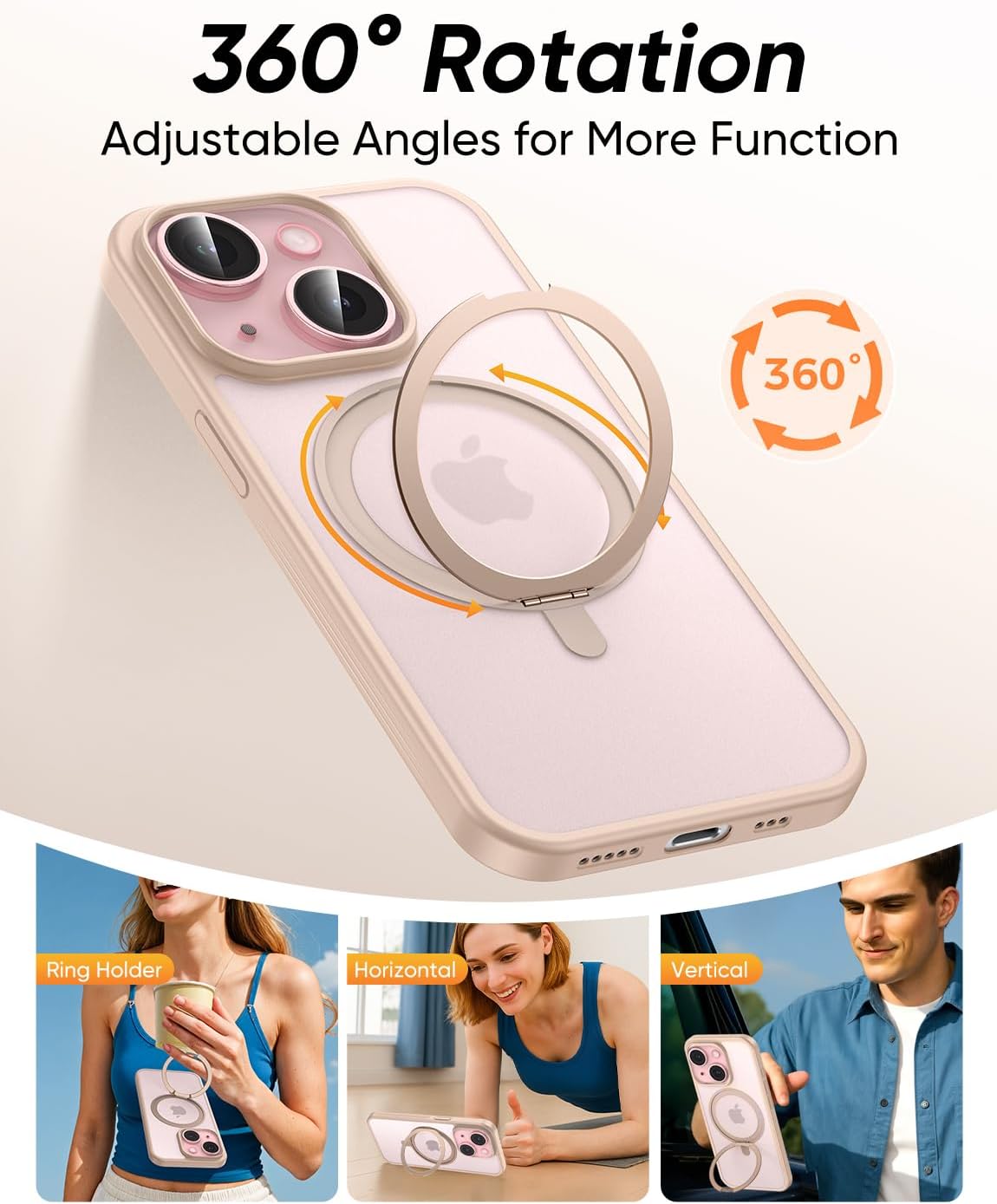 MAGIC JOHN for iPhone 15 Case 360° Rotatable Magnetic Invisible Stand, Fit for MagSafe 15 Phone Case, 16FT Military Grade Shockproof for iPhone Case with Kickstand, Rose Gold - Image 2