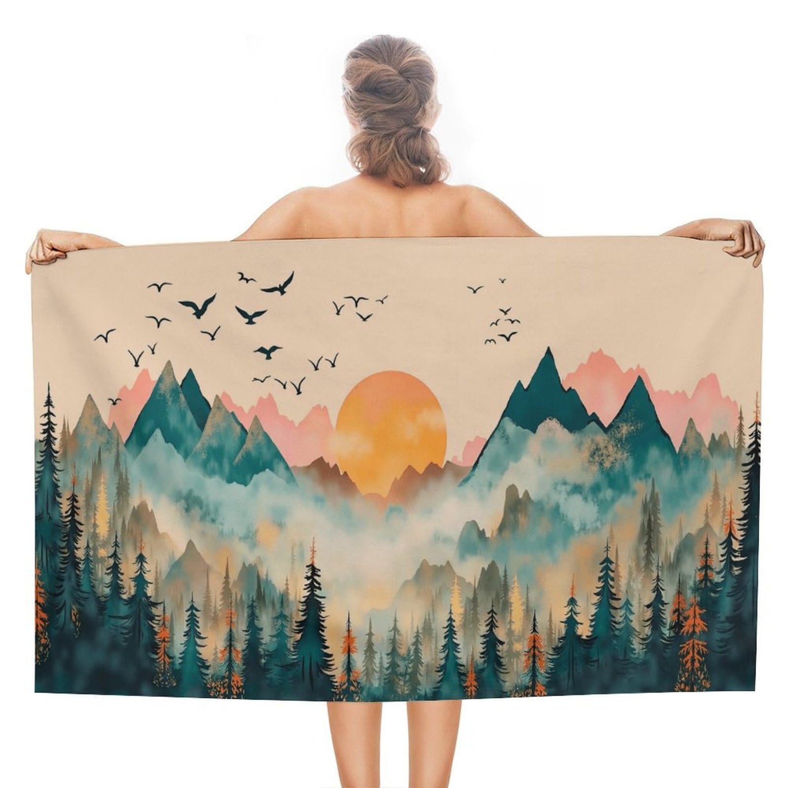 Anceky Mountain Sunset Beach Towel Microfiber Soft Absorbent Oversized Large Bath Towel Blanket Thin Quick Dry for Adults Swimming Pool Yoga Gym Travel 51"X31"