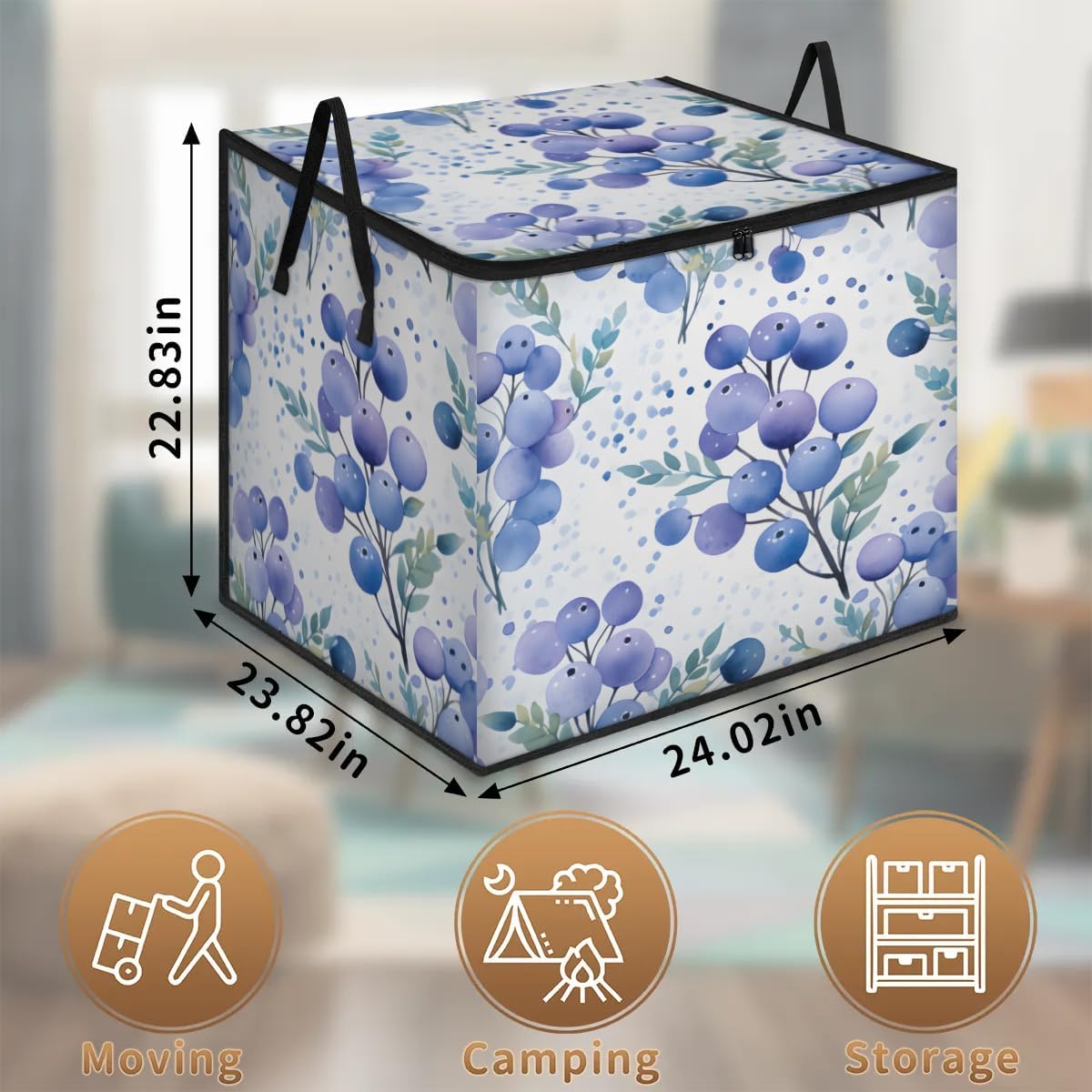 Honeybaby 214L Extra Large Comforter Storage Bag Blueberry Leaves Watercolor Storage Totes with Lids Waterproof Closet Organizer Folding Blanket Storage Bags for Clothes Bedding Pillows