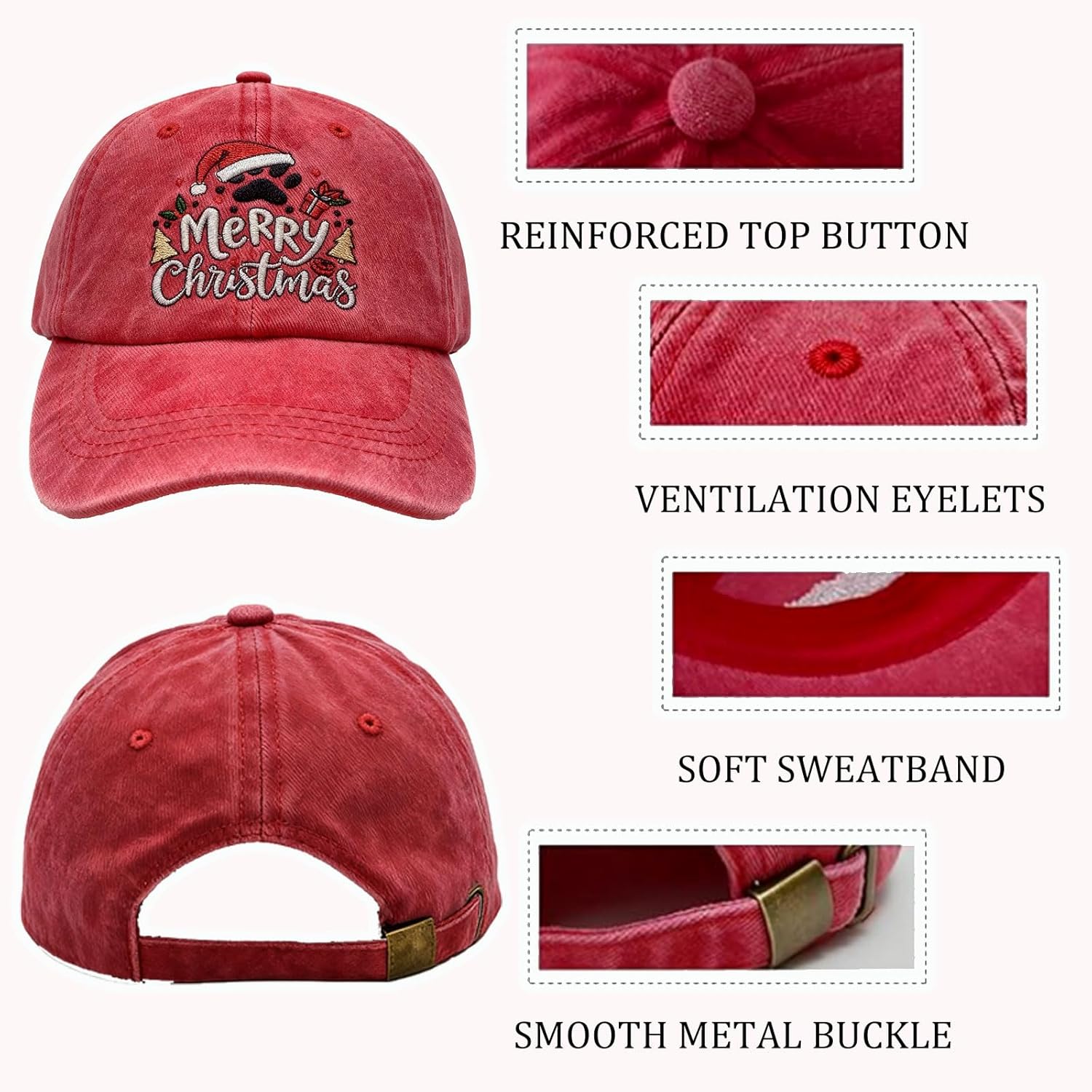 Christmas Hat for Women Men Baseball Cap Embroidered Adjustable Washed Distressed Xmas Holiday Party Burgundy - Image 2