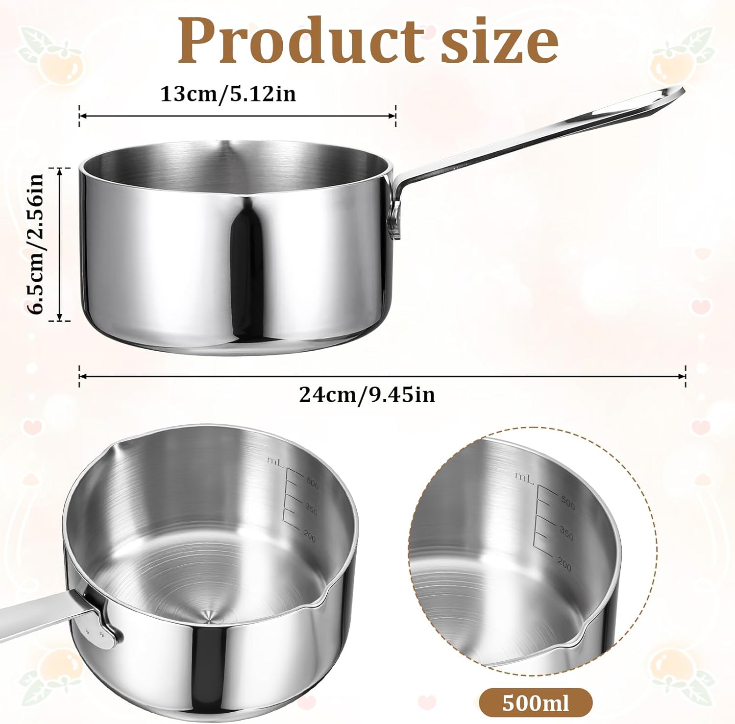Stainless Steel Butter Warmer Measuring Pan 0.5 Quart Small Sauce Pan 18/10 Tri-Ply Stainless Steel Saucepan with Dual Pour Spouts - Image 2
