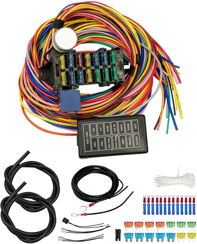 14 Circuit Universal Wiring Harness Kit 12V Fuse Fit for Chevy Ford | Fit for Street Muscle Car Hot Rod XL Wires. Compatible with Chevy Ford Chrysler Mopar Muscle Car