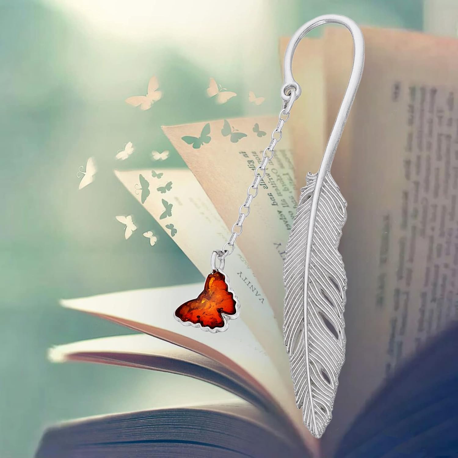 Tiny, Delicate Bookmark with Amber, Polished Sterling Silver, Carved Baltic Amber Butterfly in Cognac Colour, Silver Small Butterfly Bookmark L. 8.2 cm