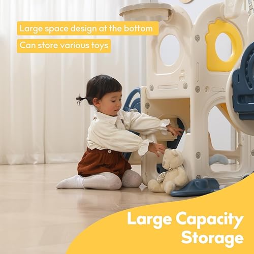 Miniatura 6 de Juego de tobogán independiente con columpio para niños pequeños 6 en 1, juego de interior para niños pequeños de 1 a 3 años, tobogán en forma de L