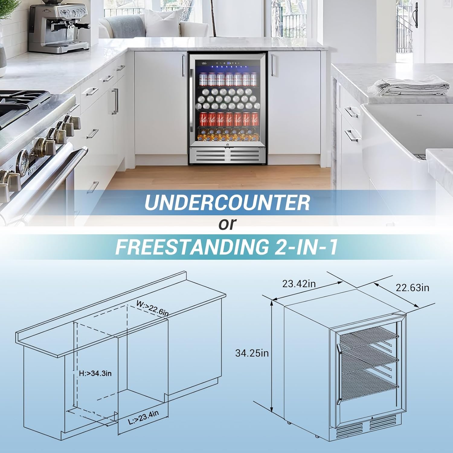 Velivi 24 Inch Beverage Refrigerator, Under Counter Beverage Cooler, 24" Space Built-In Beer and Drink Fridge with Glass Door for Soda, Water, and Milk