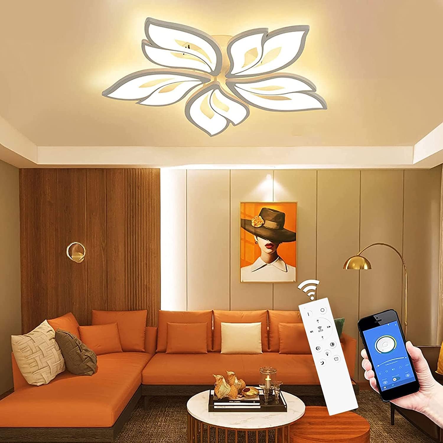 Modern Ceiling Light with Remote Control and APP, 40-80W 24.4” Dimmable LED Chandelier Flush Mount Ceiling Lights, Acrylic Leaf Flower Ceiling Lamp Fixture for Living Room Dining Room Bedroom