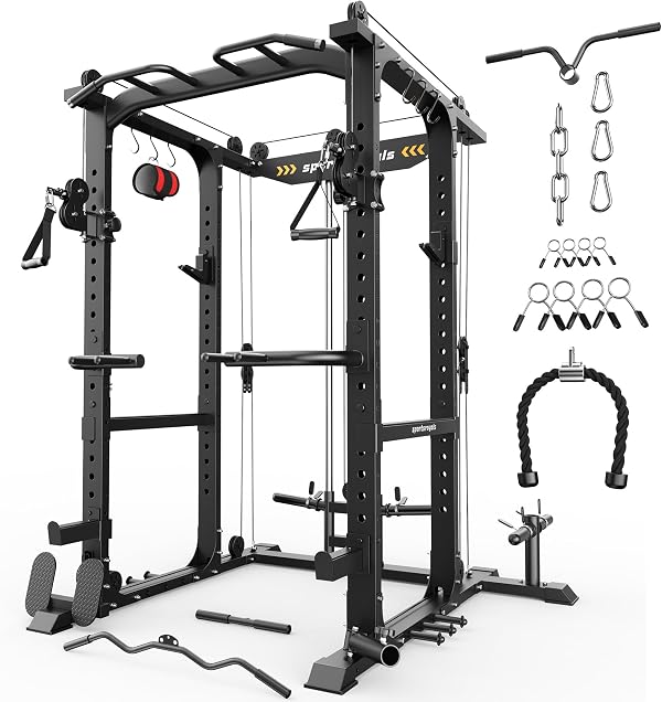 SPORTSROYALS Power Rack, Multi-Functional Power Cage, 1600lbs Squat Rack with Pulley System & LAT Pull Down, Workout Cage with J Hooks for Home Gym