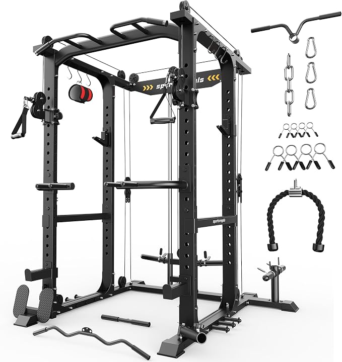 Sportsroyals Squat Rack, LAT Power Cage, Power Rack Multi-Function with Pulley System and Training Attachments for Home Gym