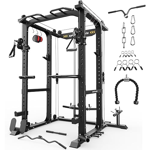 Sportsroyals Power Cage,1600lbs Multi-Function Power Rack with Adjustable Cable Crossover System and More Training Attachment, Weight Cage for Home Gym