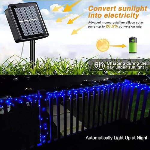 Miniatura 4 de QITONG Luces solares azules de Navidad, paquete de 4 luces LED de 33 pies cada uno, 100 luces LED para exteriores, impermeables, 8 modos, alambre