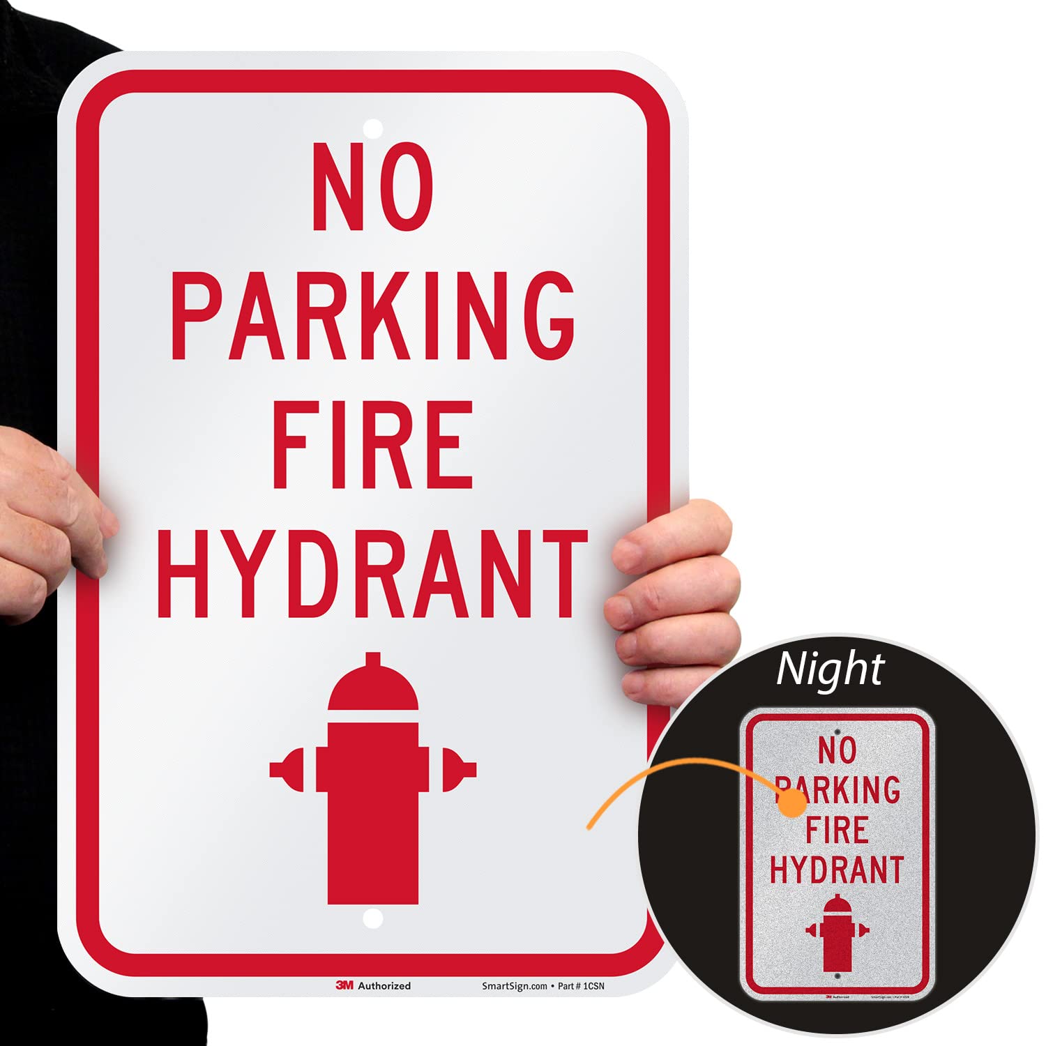 SmartSign 18 x 12 inch “No Parking Fire Hydrant” Metal Sign with Symbol, 63 mil Aluminum, 3M Laminated Engineer Grade Reflective Material, Red and White, Made in USA