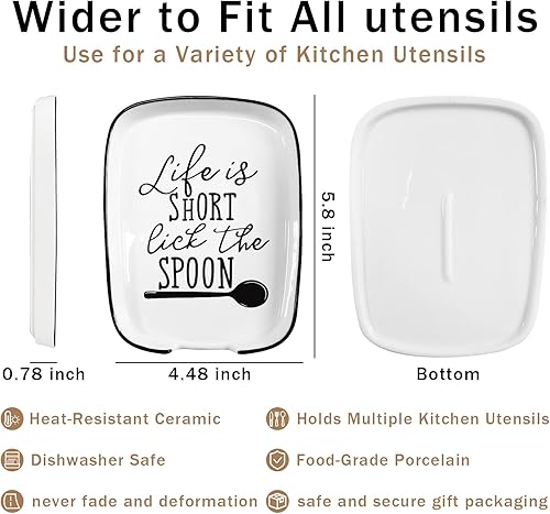 Miniatura 6 de Soporte de cuchara de cerámica para estufa, Funny Life is Short Lick the Spoon White Spoon Holder para encimera de cocina, decoración moderna de