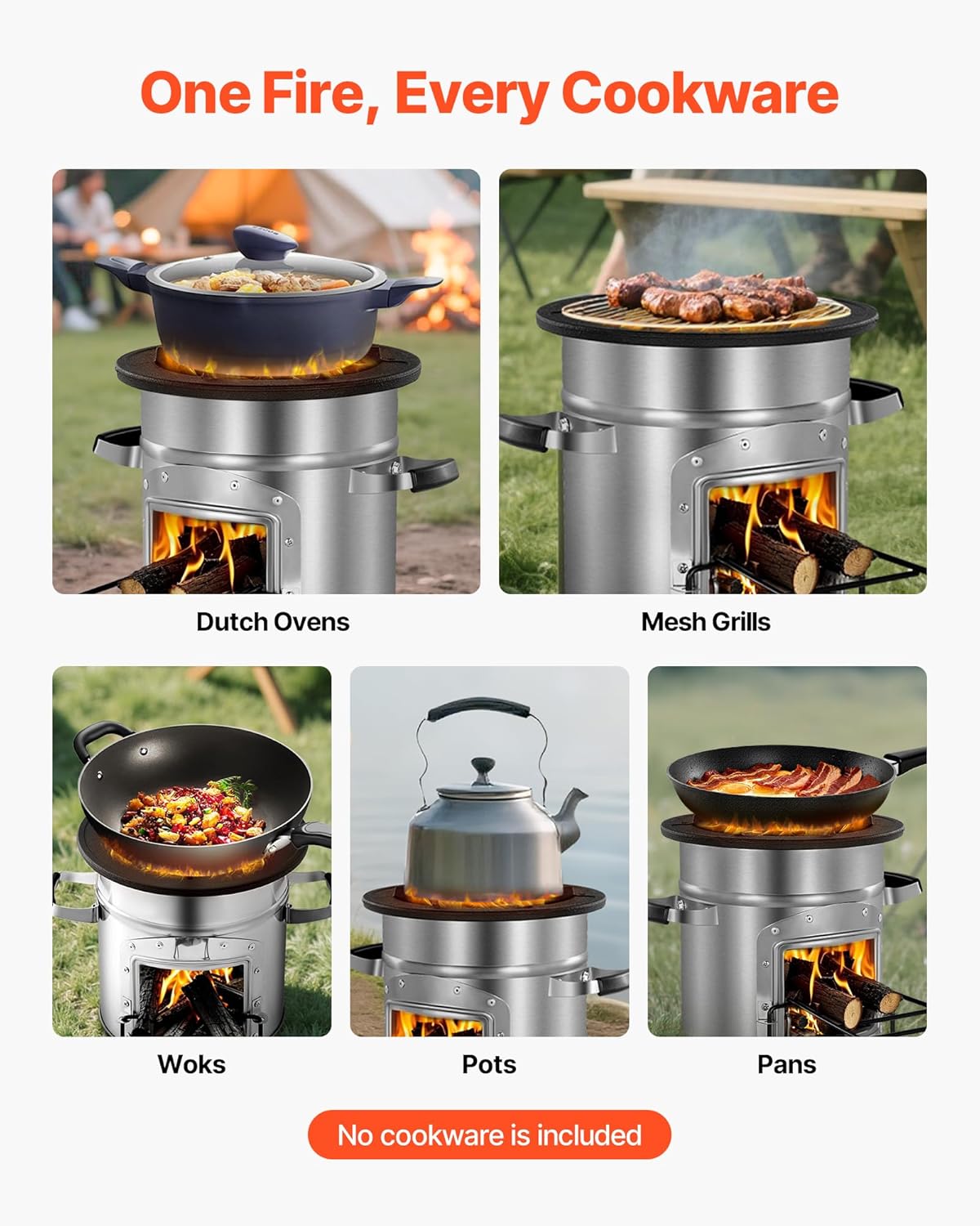 VEVOR Camping Rocket Stove, Wood Burning Portable Rocket Stove with Carrying Bag for Backpacking, Stainless Steel, Single Door, Burn Wood, Twigs or Sticks for Outdoor Cooking, Backyard, Camp Cooking