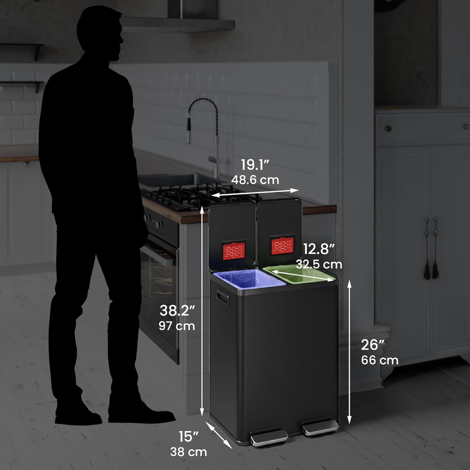 iTouchless 16 Gallon / 60L Dual Kitchen Trash Can & Recycle Bin, 2x8 Gal Removable Buckets, Soft-Close Stainless Steel Step Pedal, Fingerprint-Resistant, AbsorbX Odor Filter – Matte Black