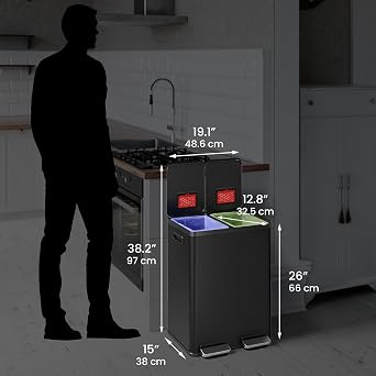 iTouchless 60 Liter / 16 Gallon Dual Compartment Kitchen Trash Can & Recycling Bin, Black Stainless Steel, Soft-Close, Odor Filter, Hands-Free Pedals, Color-Coded Removable Buckets, Smudge-Resistant