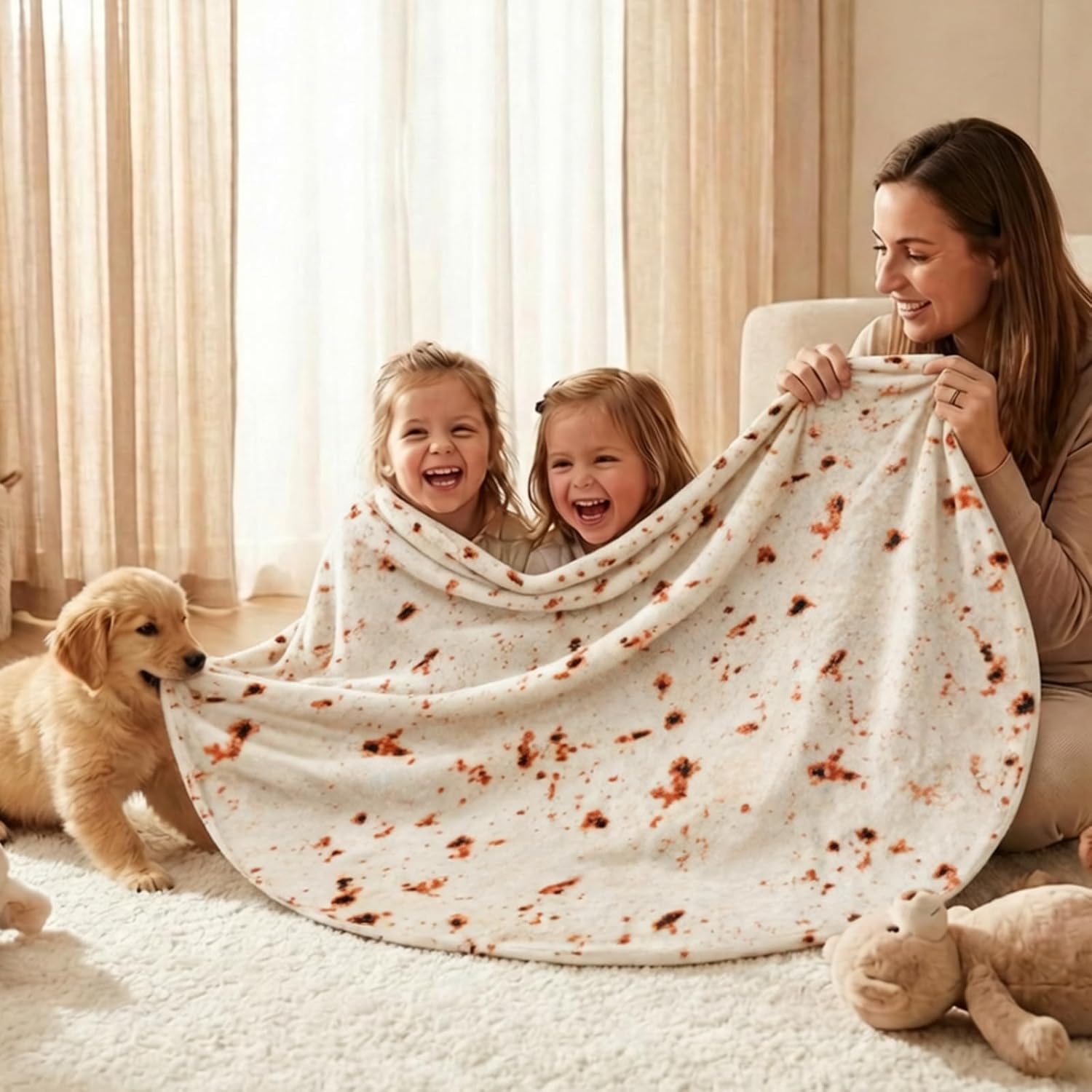 Vessia Burritos Tortilla Blanket Throw Size(Beige,60 inches), Giant Realistic Funny Food Throw for Adults and Kids, 300 GSM Double Sided Soft Novelty Round Taco Home Decor - Image 2