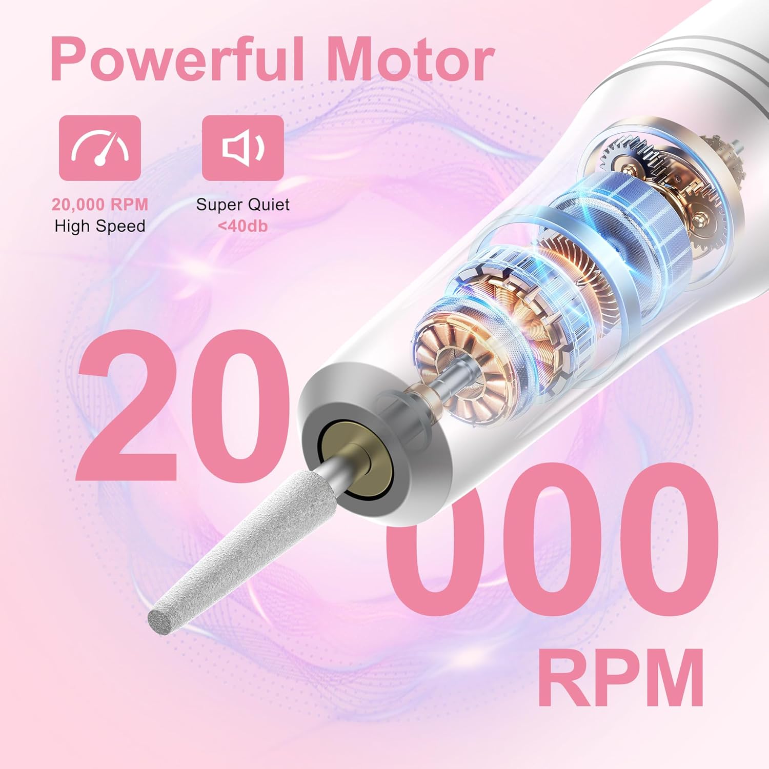 Close-up of the HEBECA electric nail drill's internal motor, highlighting 20,000 RPM high speed and super quiet operation below 40dB.