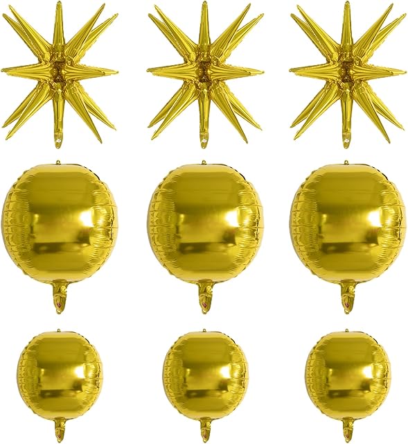 Gold Foil Balloons, Gold Star Foil Balloons, 9PCS Gold Starburst Foil Balloon Set, Explosion Point Star Balloons 4D Gold Foil Balloons, Large Mylar Balloons for Birthday Baby Shower Wedding Party