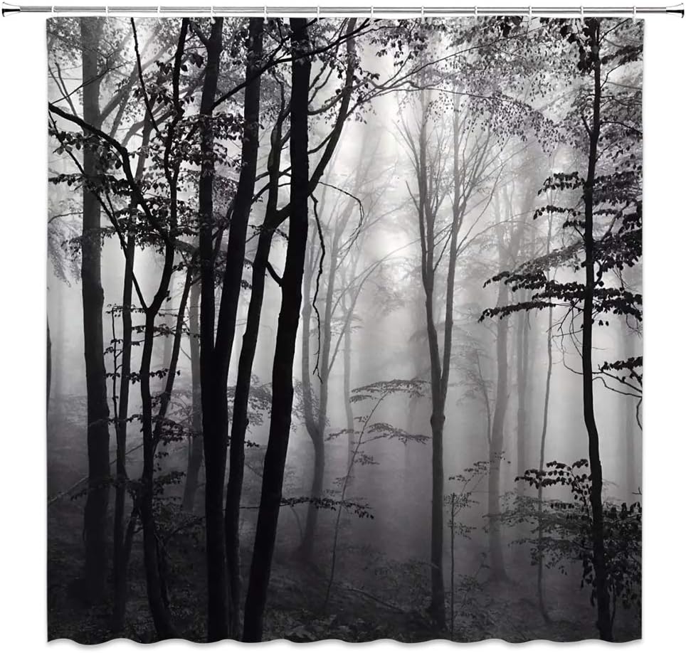 Forest Shower Curtain Sets with Bath Mat Rugs Black and White Trees Abstract Gothic Gross Shadow Dark Landscape Gray Art Print with 12 Hook Holes for Bathroom Curtain 70"x70" Doormat 29.5"x17.7"