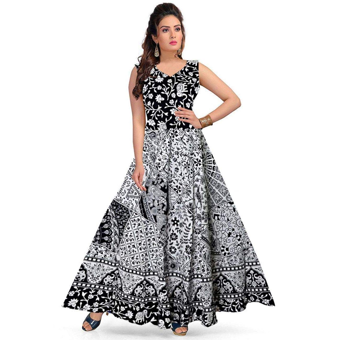 100% Cotton Printed Black Maxi Dress for Women-image-12