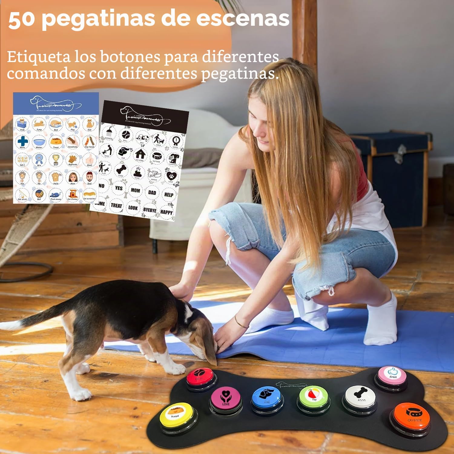 Juego de 8 botones para perros, botones para perros, botones para mascotas para comunicación, botones para escribir, incluye almohadillas, 50 pegatinas para entrenar a tu perro para enseñar a