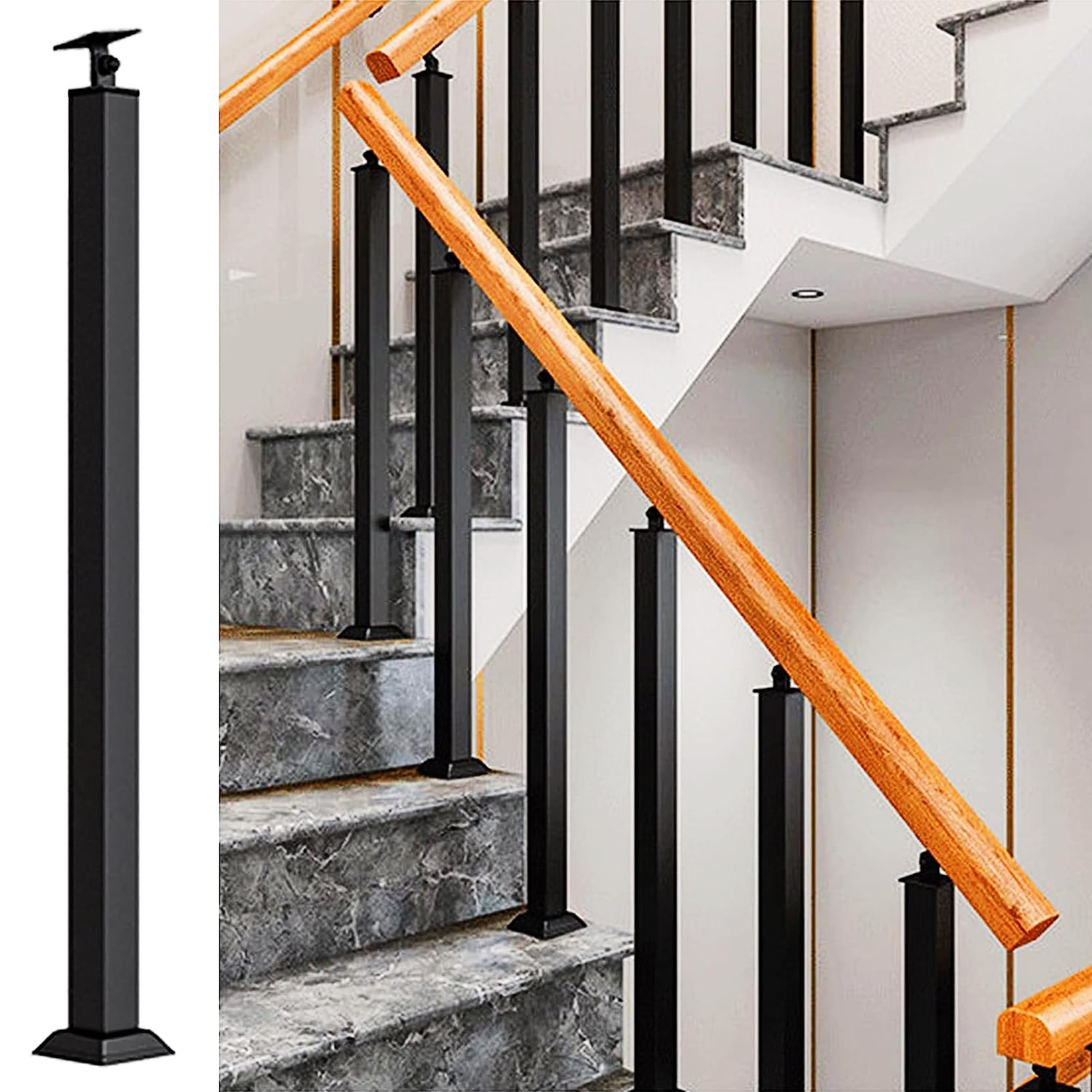 Poteau de rampe d'escalier en fer forgé noir, colonne robuste carrée de 100 cm orientable