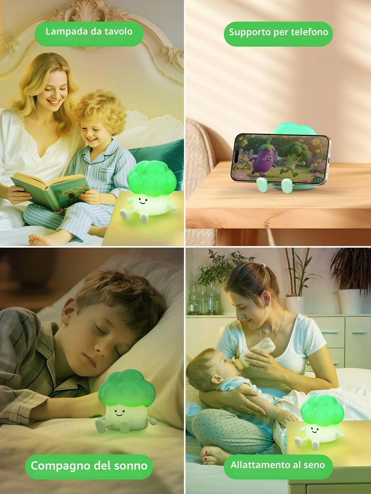 Smiling Shark Carino Lampada Notturne, Broccoli Ricaricabile LED Notturna Silicone Luce 3 Luminosità Sensore Tattile Cute Night Light Luci Notturne per Bambini Decorazione Regali
