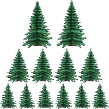 Ctosree 12 Pcs Summer Camping Tree Centerpieces 3D Pine Tree Decor 3 Size for Camping Jointed Cutouts Stand up Decorations Snow Forest Decor, Office Table Decoration