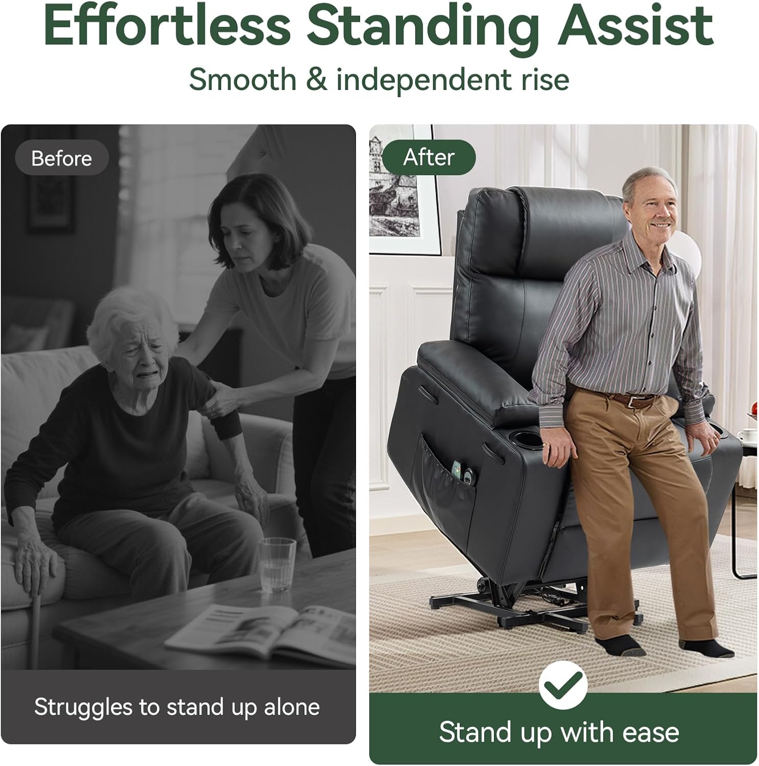 Power Lift Recliner Chair for Elderly with Heat & Massage, 160° Electric Adjustable PU Leather Recliner with Remote Control, Stand Assist, Cup Holders & Side Pockets for Living Room (Black)