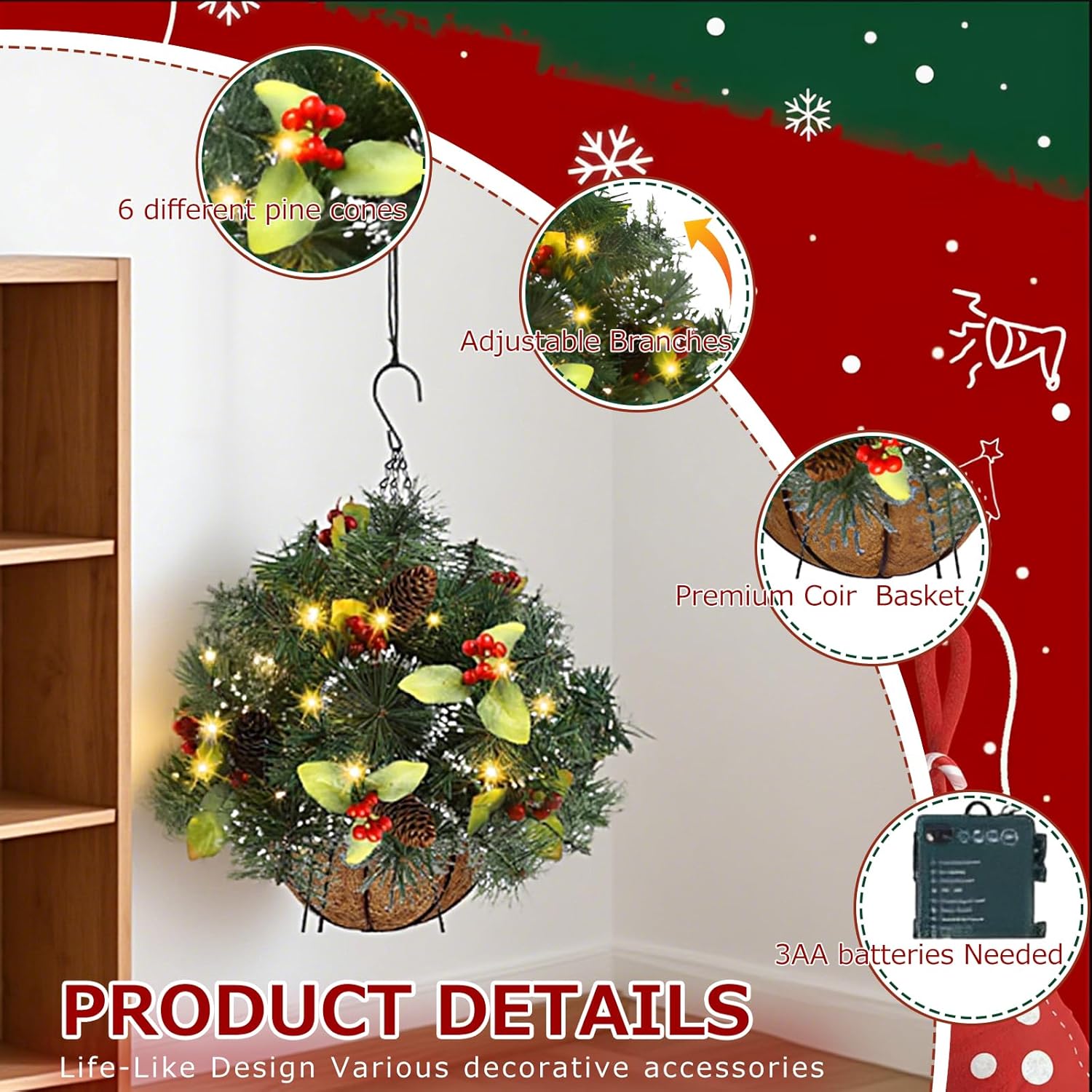 Christmas Hanging Basket, 17-inch Artificial Christmas Tree, Decorated with Frosted Pine Cones and Berry Strings, 8 Lighting Modes and Timer, Suitable for Garden and Yard Christmas Decoration