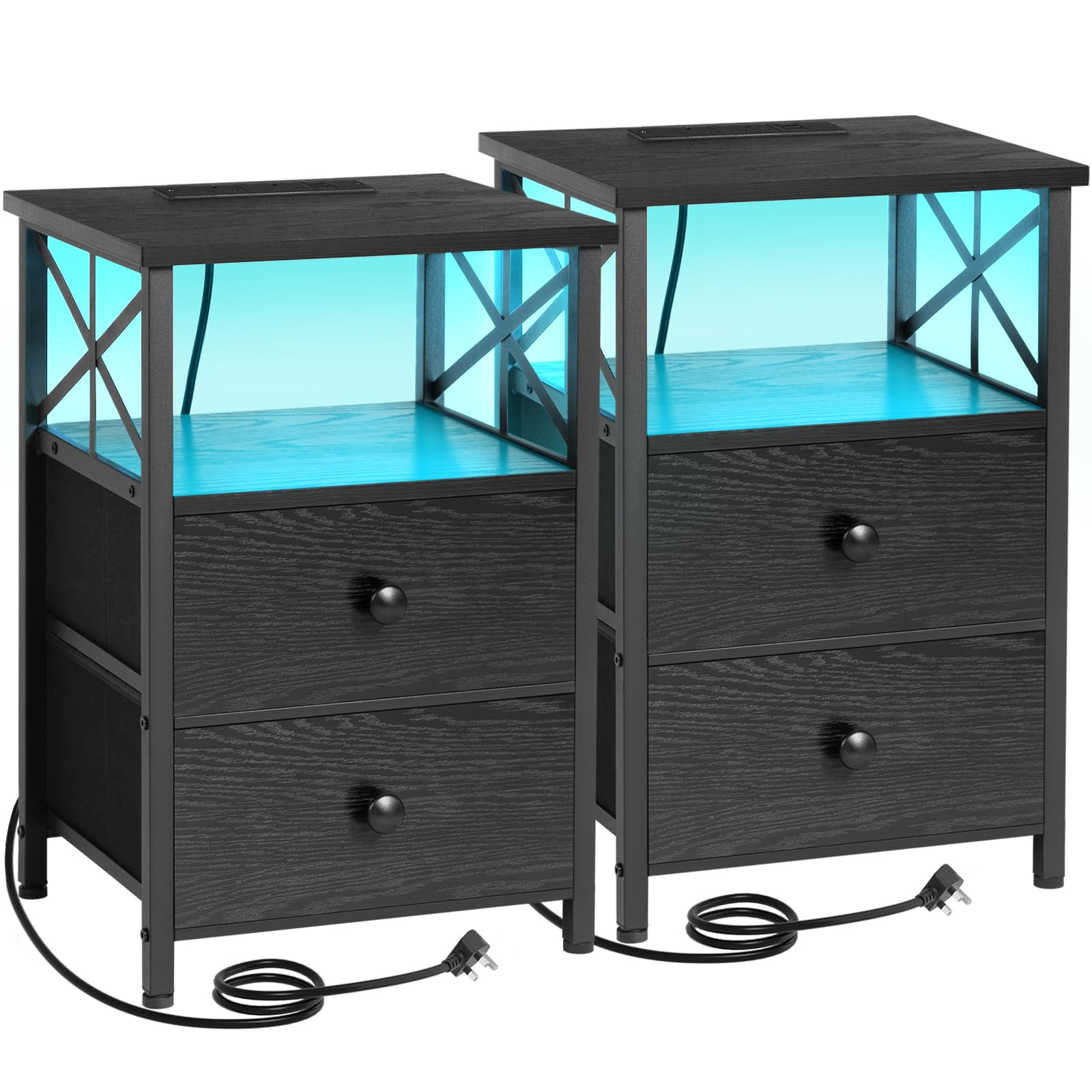 AMHANCIBLE Bedside Table Set of 2, Side Table with Charging Station and Led Lights, Bedside Cabinet with 2 Fabric Storage Drawers, Sofa Side Table, Nightstand for Living Room, Bedroom, Black HET052LBK