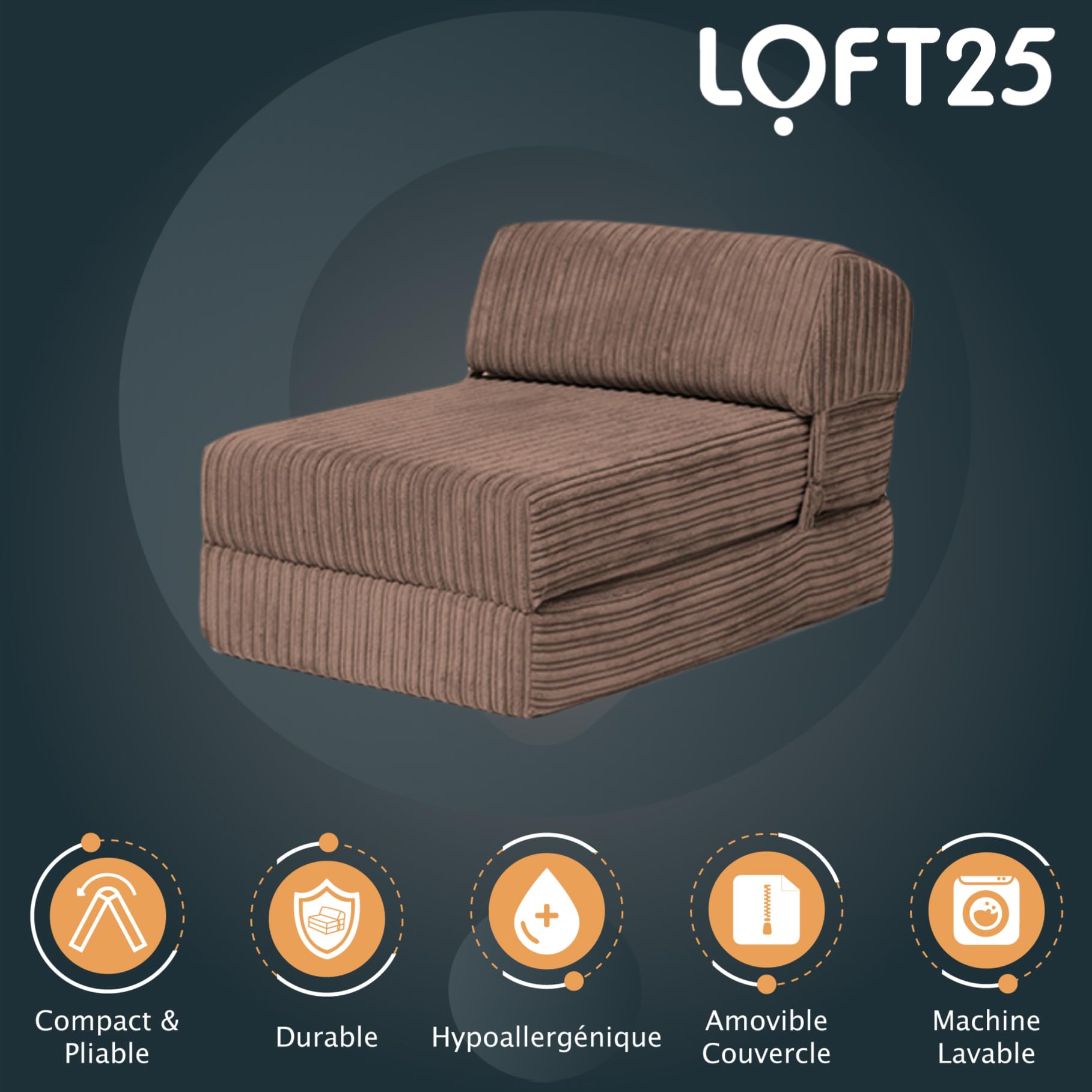 Loft 25 Futon Pliable Jumbo Cord Single Z-Bed Matelas Sofa | Sleepover Guest Salon | Soft et Confortable Chaise | léger et Durable | Qualité Cordon Tissu Meuble (Moka)