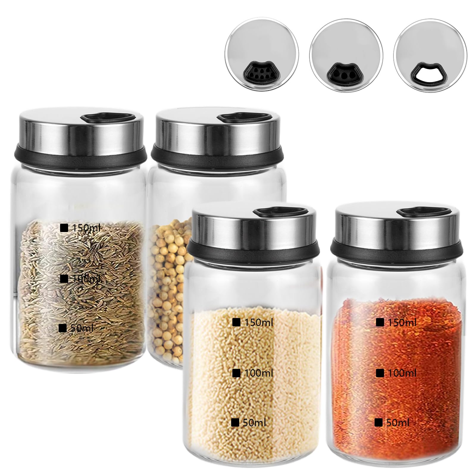 Oungy Pack of 4 Spice Jars with Twist Lid, 150 ml Spice Jars Made of Borosilicate Glass, Spice Shaker Glass Spice Jars for Kitchen, Outdoor Barbecue, BBQ, Cooking