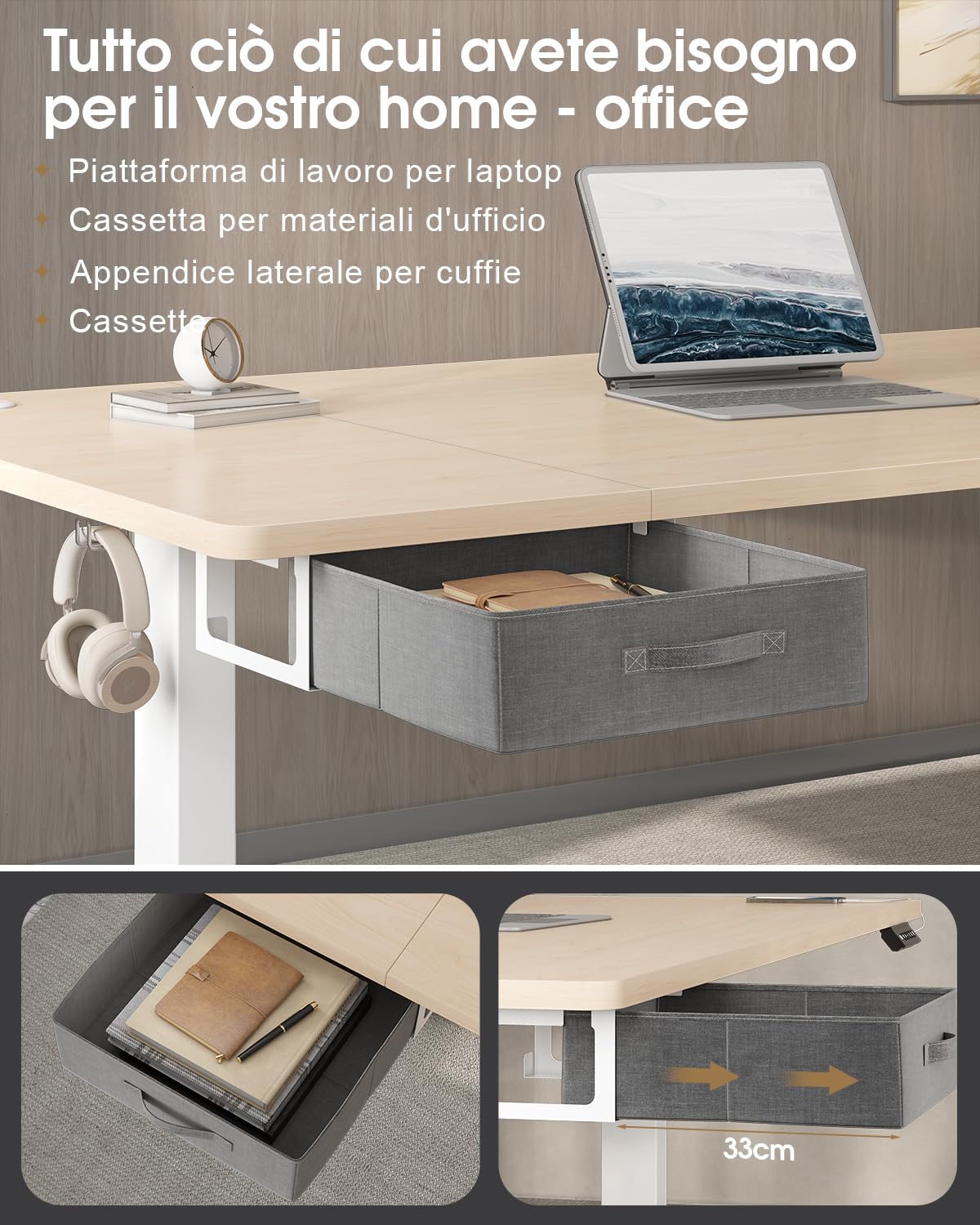 Devoko Scrivania Elettrica Regolabile In Altezza 180 x 80 cm, Ufficio 4 Sezioni Con Funzione Di Memoria, Cassetti, Porte Usb E Sistema Di Gestione Cavi, Beige