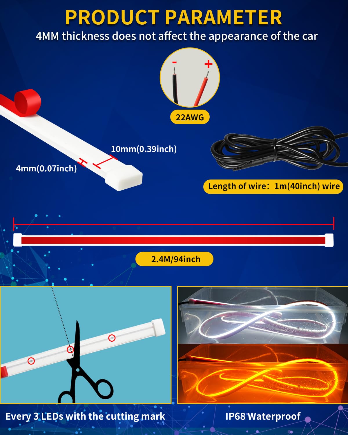 Exterior Car LED Hood Light Strip,Dual Color Dynamic Scan Start Up Hoodbeam Kit,Led Daytime Running Lights White&Amber Switchback Sequential Turn Signal Lights for Cars, Trucks,SUV(95inch/1set)