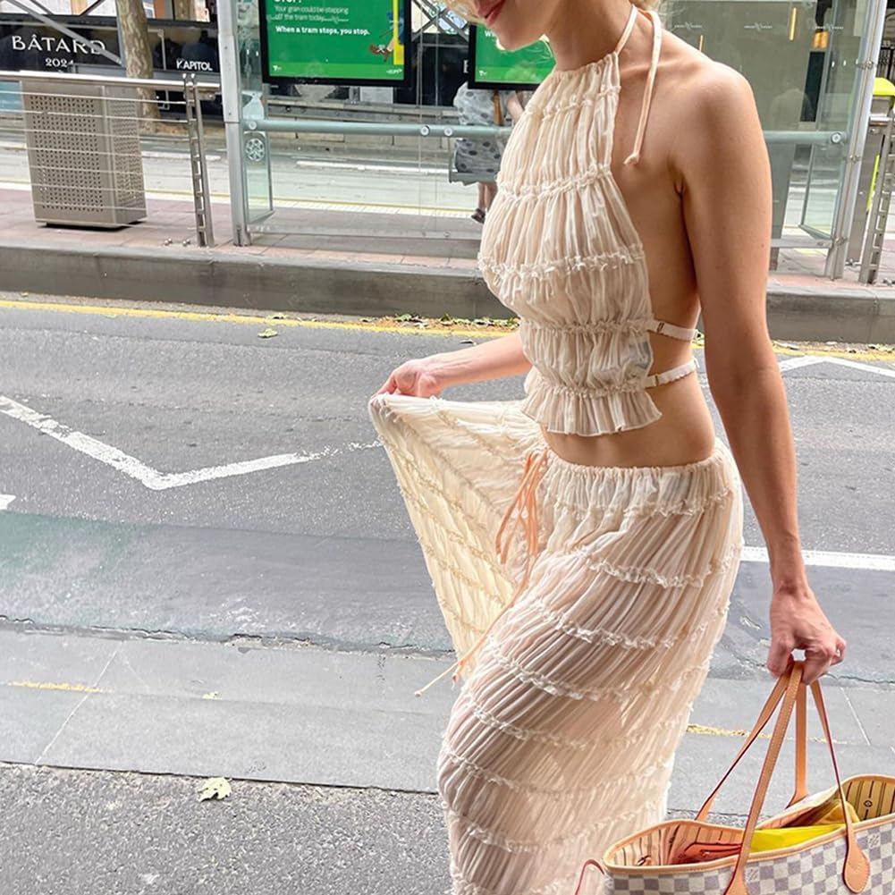 Ensemble 2 pièces en mousseline de soie pour femme – Haut court dos nu à lacets sans manches et jupe longue plissée fluide taille haute pour soirée, événements, vacances à la plage