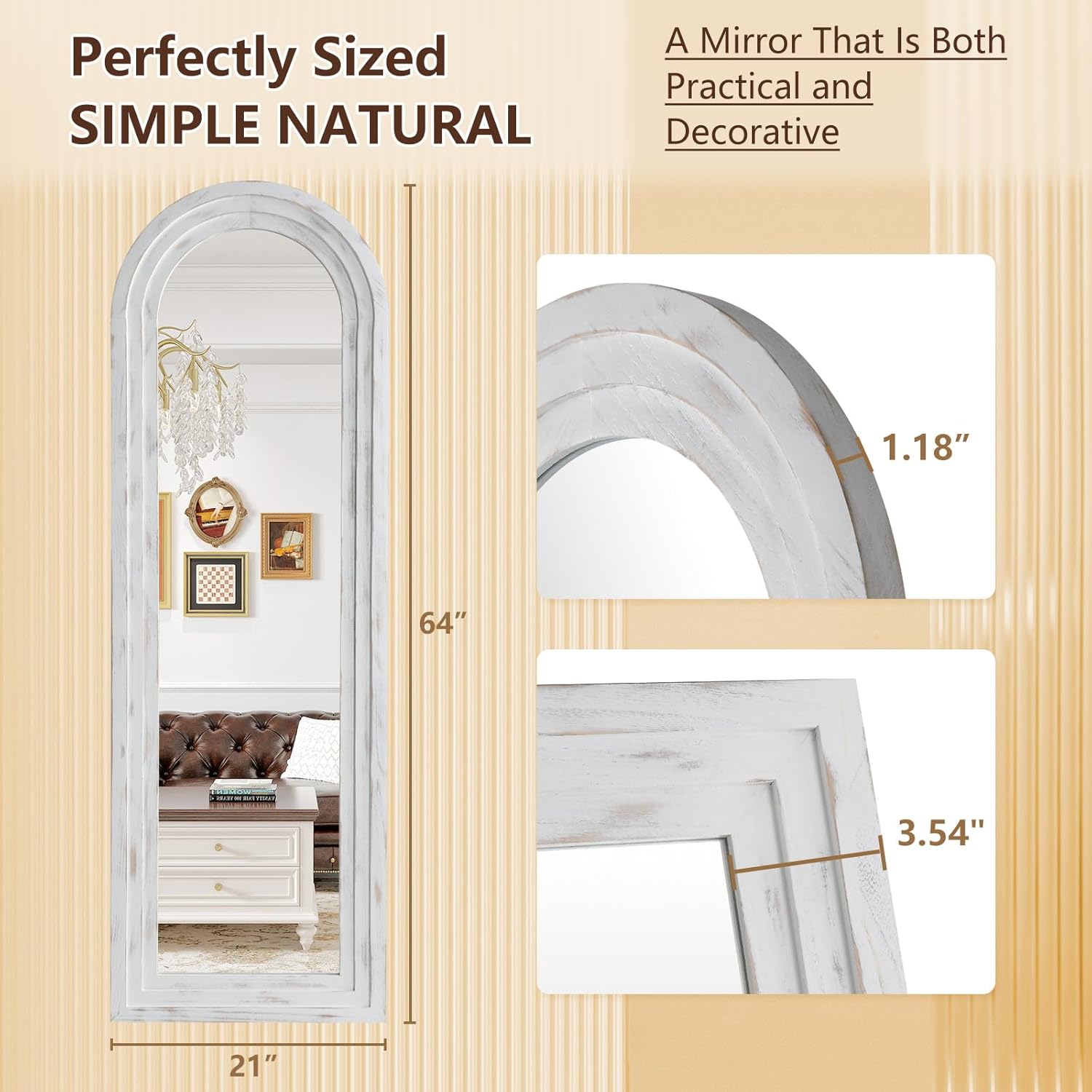 Rustic Arched Full Length Mirror Wood Frame, 64"X21" Farmhouse Floor Mirror with Stand for Bedroom Living Room Dressing Room Entryway, Free Standing Mirror Leaning or Wall Mounted, White - Image 5