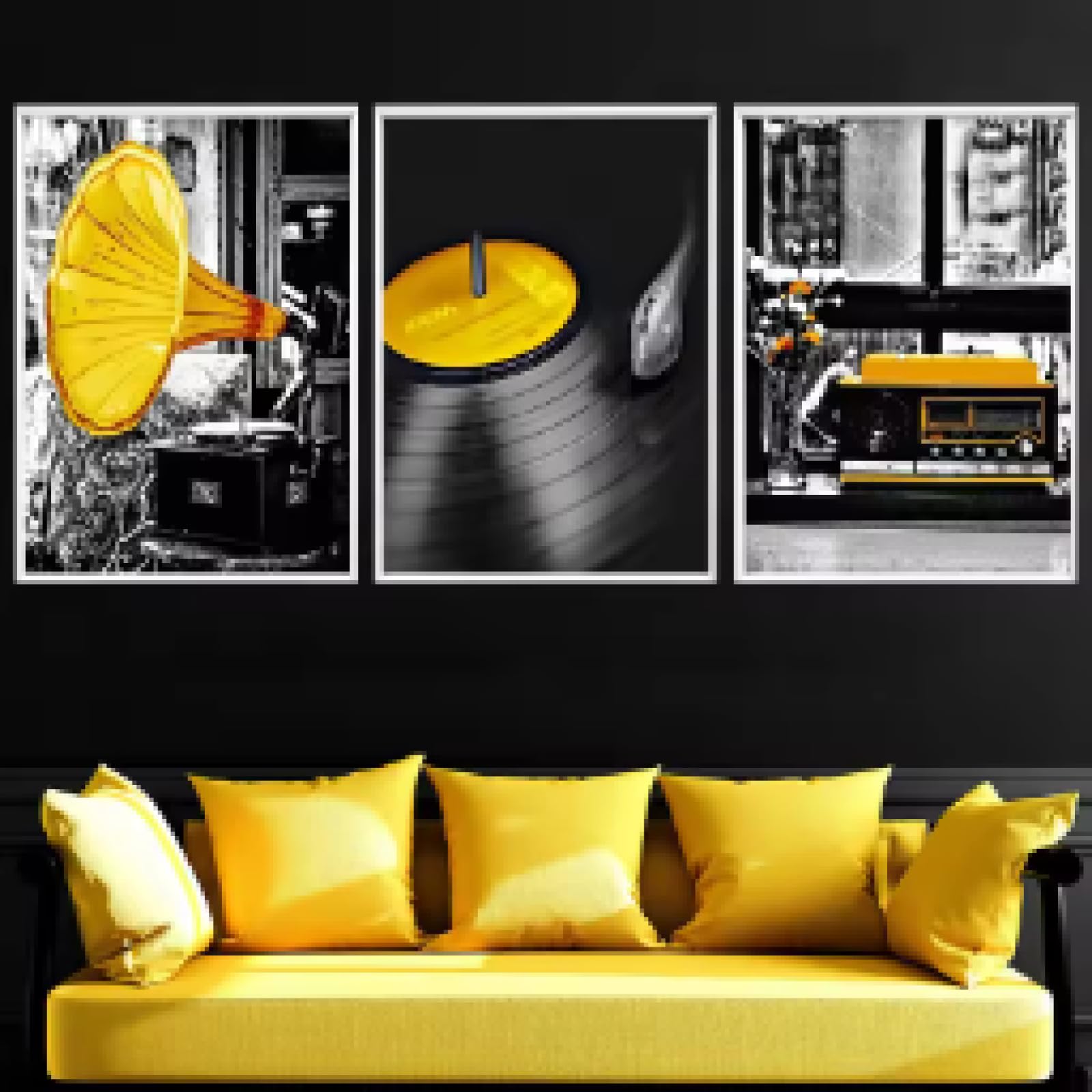 BMGKYAGL Poster musicale antico giallo, fonografo, registratore a disco, quadro da parete, tela, decorazione estetica per la casa, 50x75cmx3 cornice