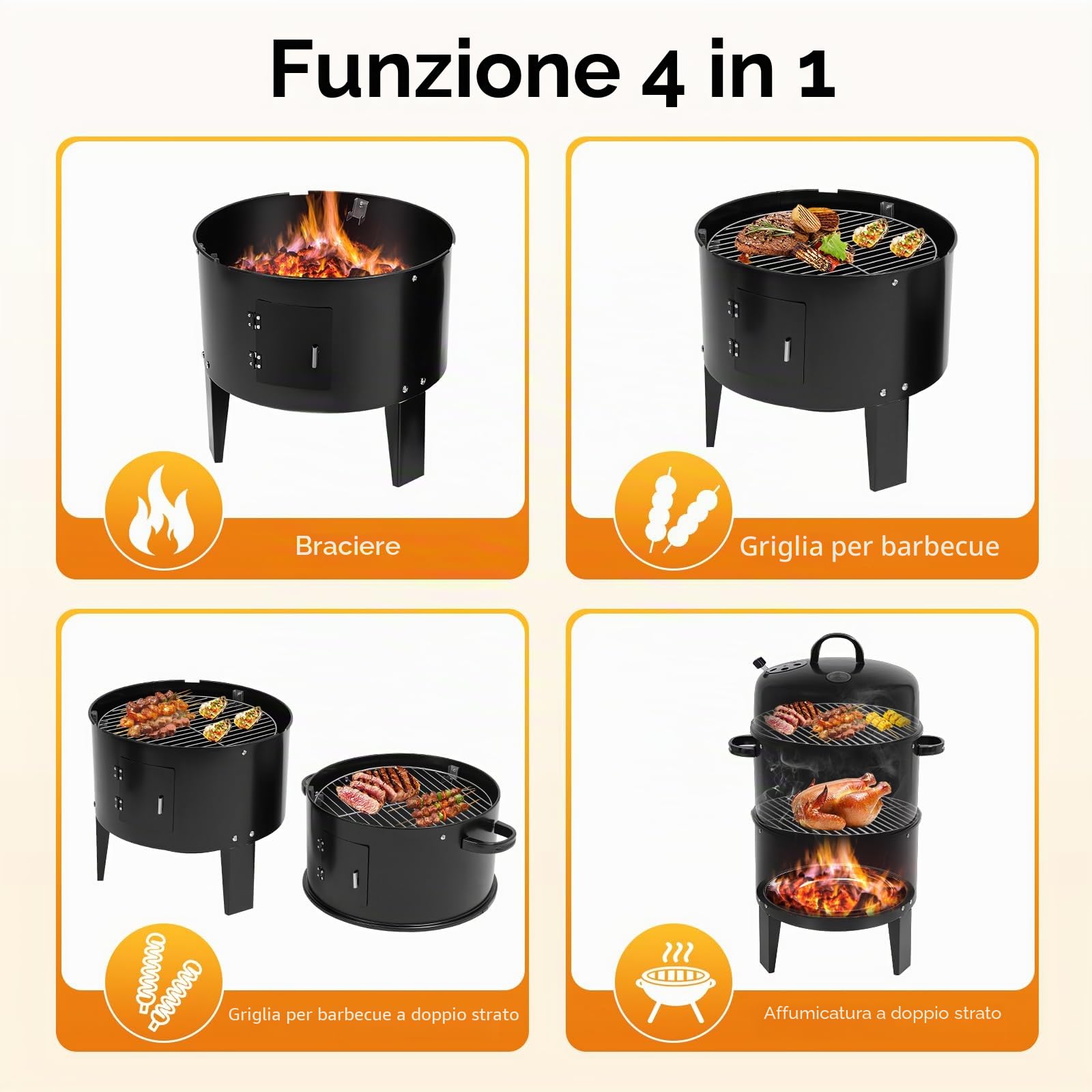 Barbecue autoportante a carbonella, forno per affumicatura 3 in 1,84 cm, con forno, termometro integrato e prese d'aria regolabili, multifunzione, per la preparazione di carne, pancetta