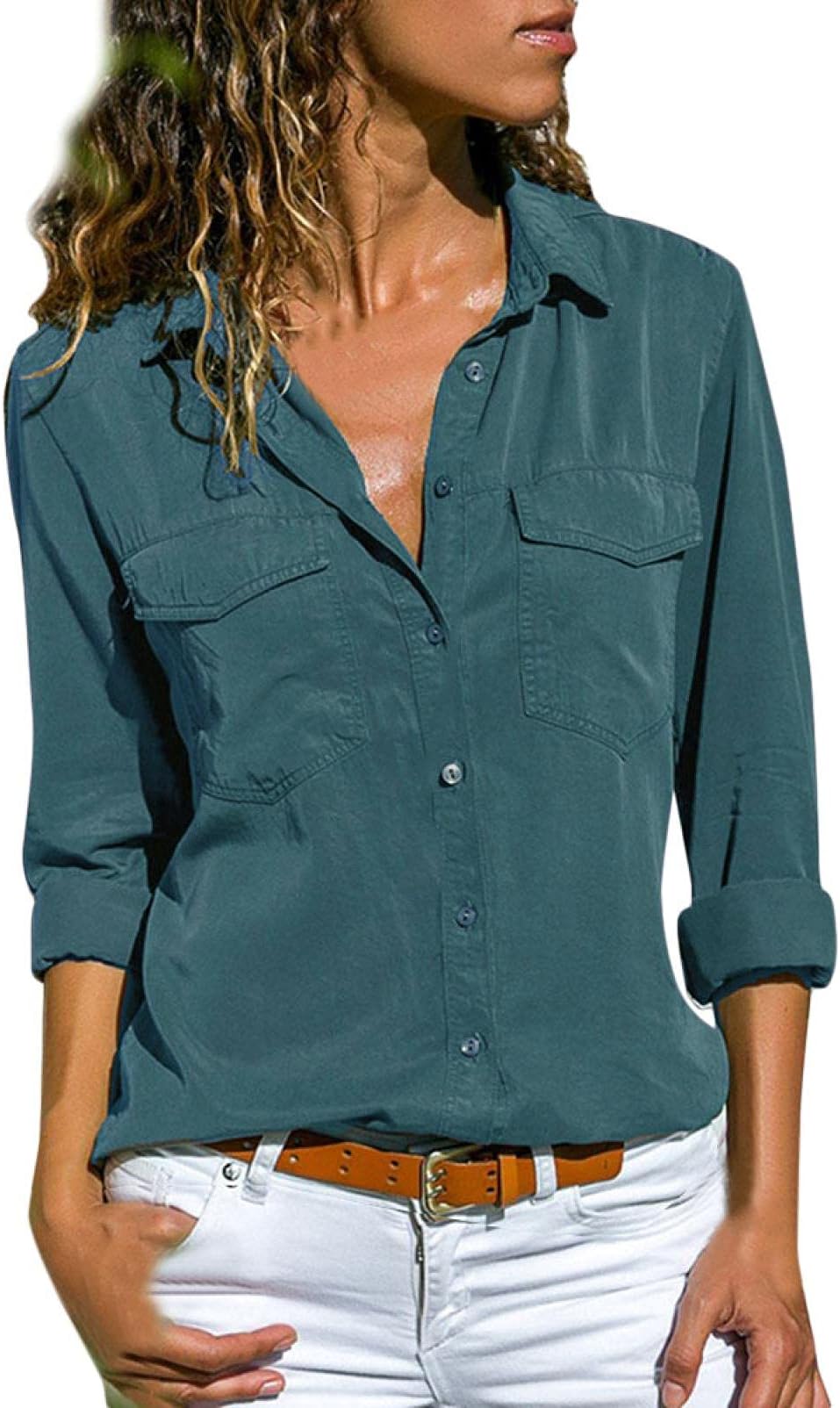 NEEDRA SALES Women's Long Sleeve Casual V Neck Elegant Office Blouse